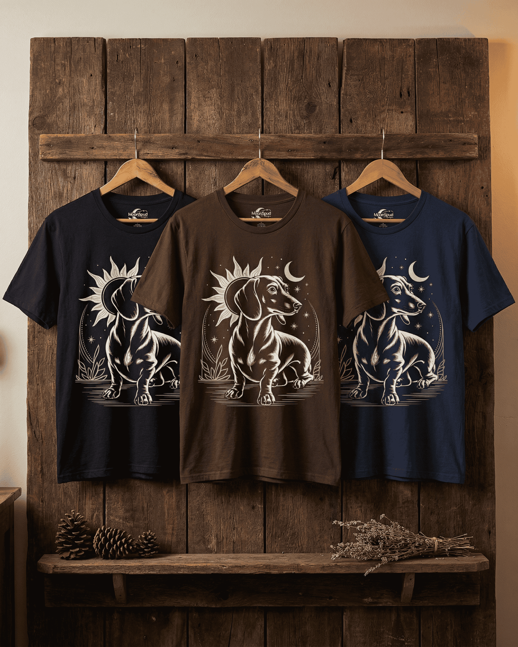 A chocolate brown Long Dog Tee hanging centrally between a navy blue and a black version on a rustic, dark wood wall. This unique weiner dog shirt displays a mystical graphic of a sausage dog posing under the stars, an ideal piece of apparel for a devoted dog parent.