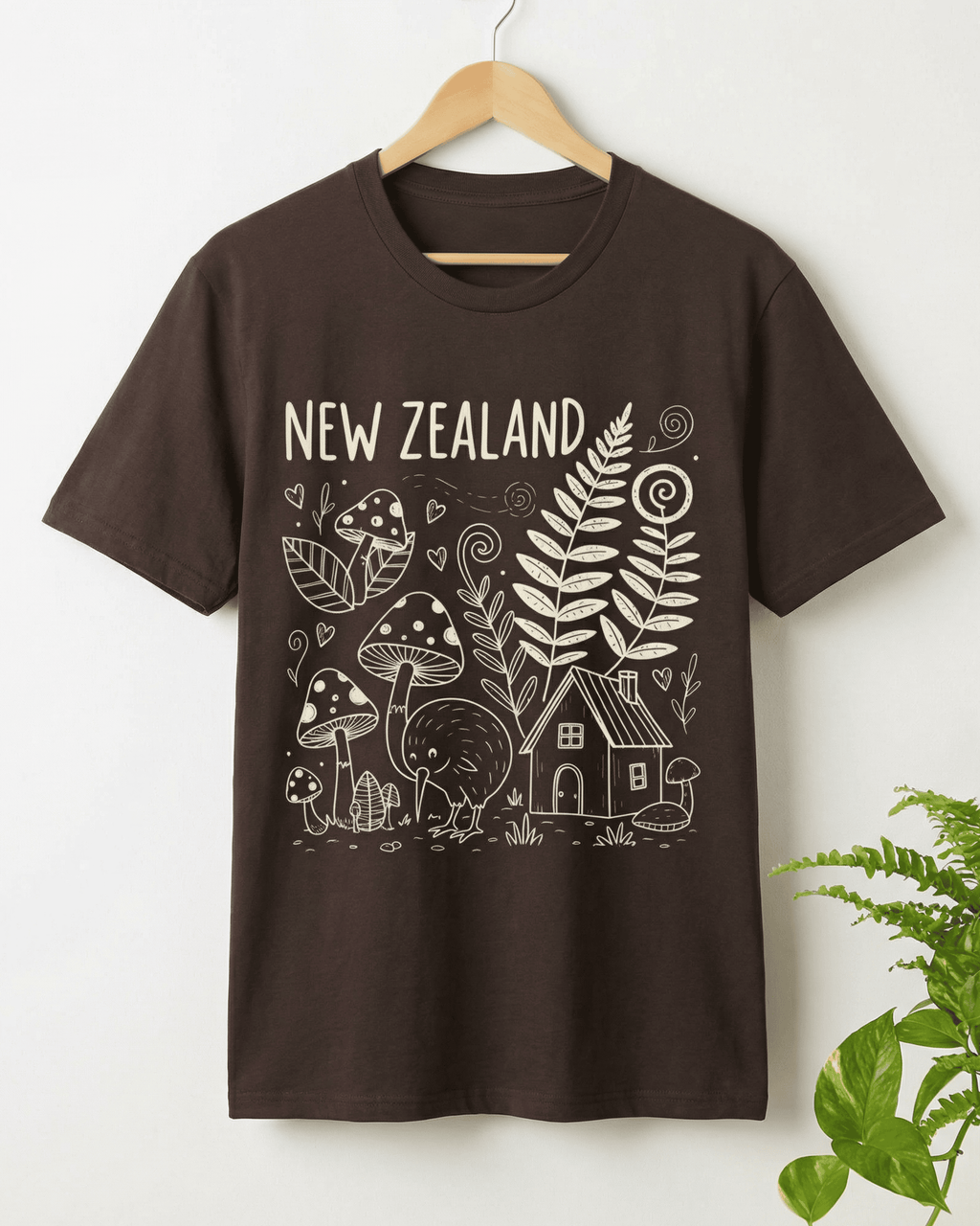 Front view of the brown Aotearoa graphic tee on a wooden hanger. This New Zealand travel souvenir T-shirt clearly displays the full Kiwi bird and nature doodle design against a clean white background.