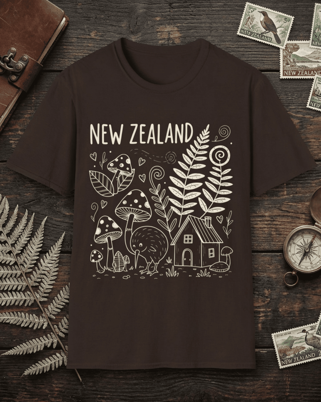 A flat lay of a brown New Zealand Tshirt featuring a cream-colored Kiwi bird doodle. This nature lover souvenir shirt showcases a whimsical scene with ferns and mushrooms, expressing NZ pride, and is laid on a wooden table with vintage travel stamps.