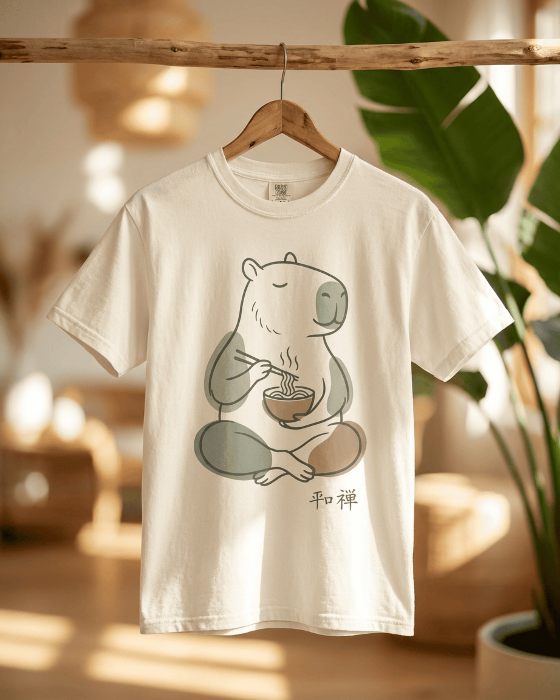 Front view of the Ivory Capybara Peaceful Zen Ramen T-Shirt on a wooden rack. This Comfort Colors 1717 tee shows the full graphic of a content capybara sitting cross-legged, enjoying noodles under the Japanese characters for "Peaceful Zen" (Heizen).