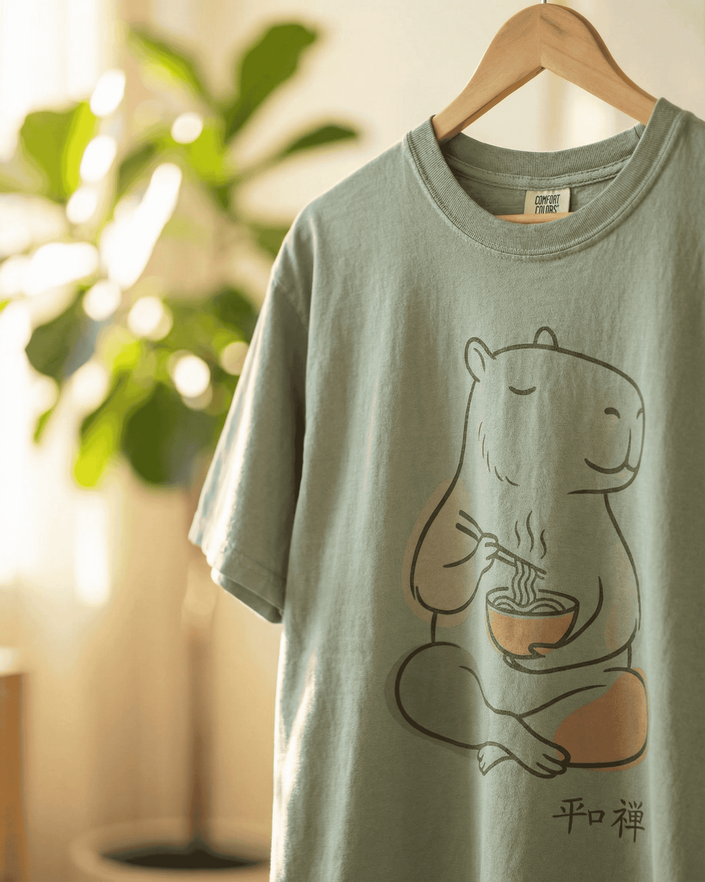 Lifestyle shot of the Bay green Capybara Peaceful Zen Ramen T-Shirt on a wooden hanger. The high-quality print on the soft-washed Comfort Colors 1717 tee is shown in a warm, sunlit room with a lush houseplant in the background, highlighting the shirt's tranquil and natural aesthetic.