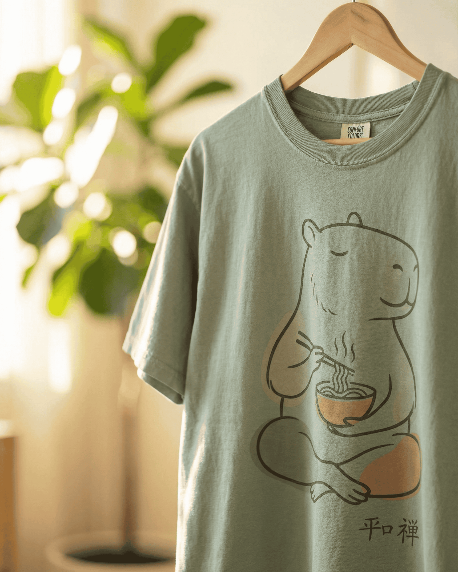 Lifestyle shot of the Bay green Capybara Peaceful Zen Ramen T-Shirt on a wooden hanger. The high-quality print on the soft-washed Comfort Colors 1717 tee is shown in a warm, sunlit room with a lush houseplant in the background, highlighting the shirt's tranquil and natural aesthetic.