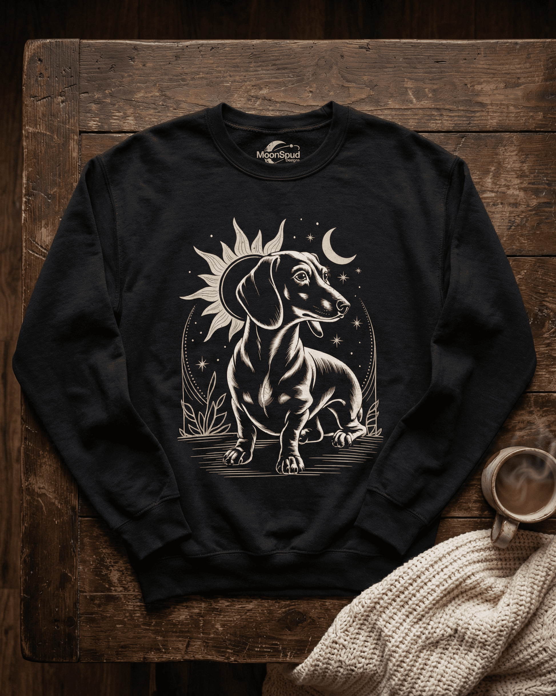 A black Dachshund sweatshirt for her is laid flat on a dark wooden surface next to a cozy knit blanket and a cup of coffee. The sweatshirt features a beautiful celestial sun and moon design with a proud doxie lover graphic, making it a perfect vintage-inspired pullover.