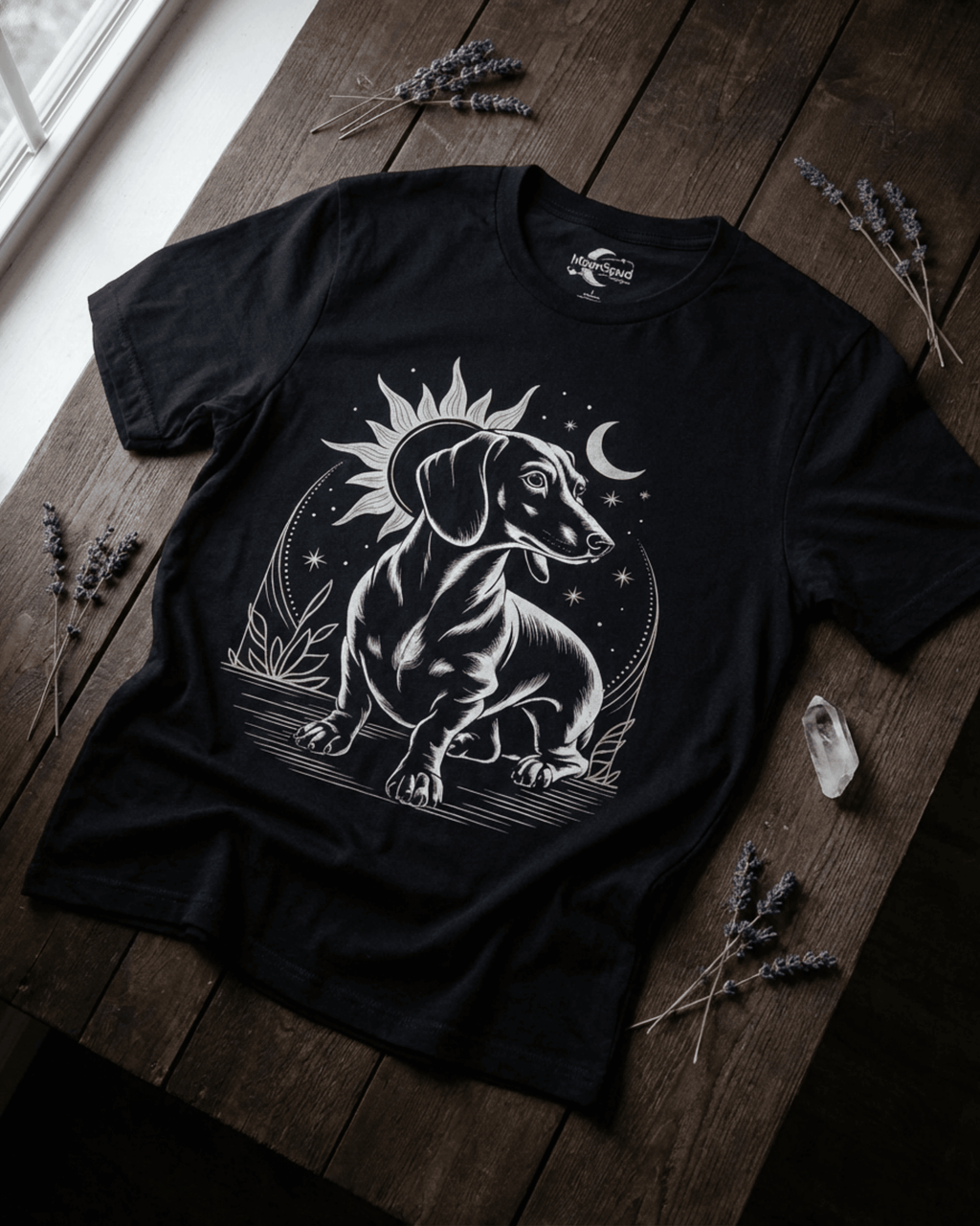 A black Dachshund T-shirt laid flat on a rustic wooden surface with lavender. The off-white graphic shows a celestial weiner dog design with a sun and moon, making this long dog tee a perfect gift for a dog mom or dog lover.
