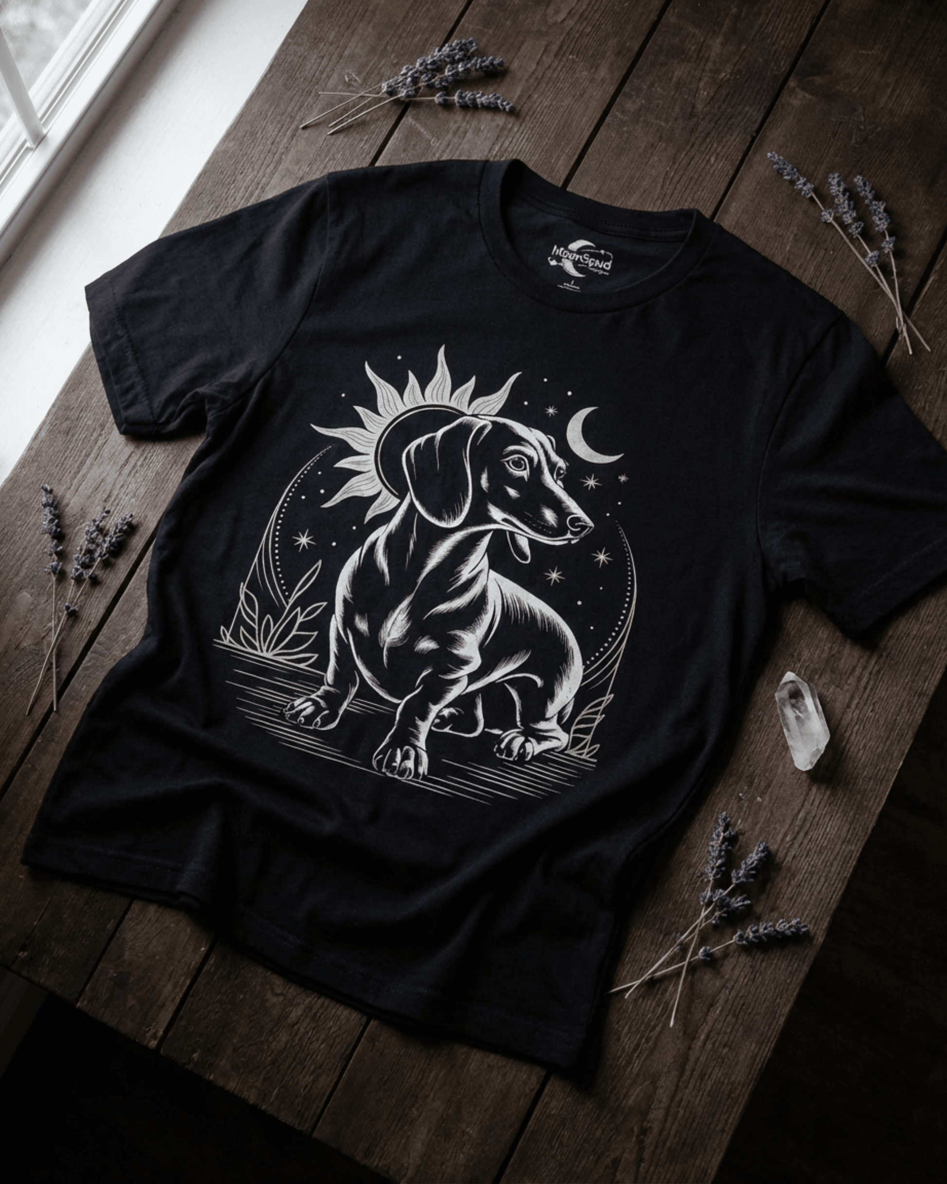 A black Dachshund T-shirt laid flat on a rustic wooden surface with lavender. The off-white graphic shows a celestial weiner dog design with a sun and moon, making this long dog tee a perfect gift for a dog mom or dog lover.