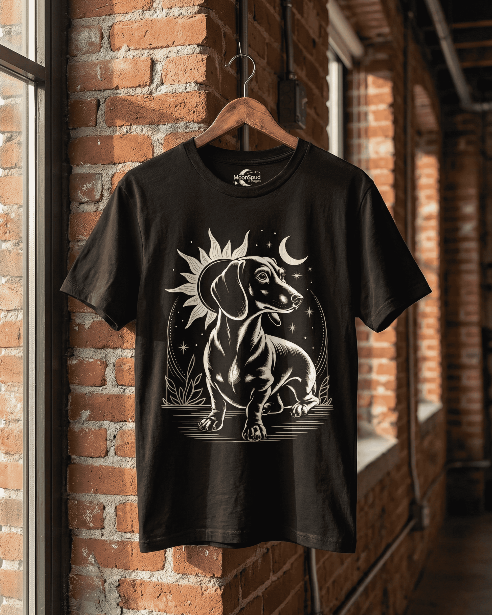 A black wiener dog shirt hanging on a wooden hanger against an industrial brick wall. This stylish Dachshund T-shirt features a celestial line art graphic, a great gift for any dog lover or proud dog dad.