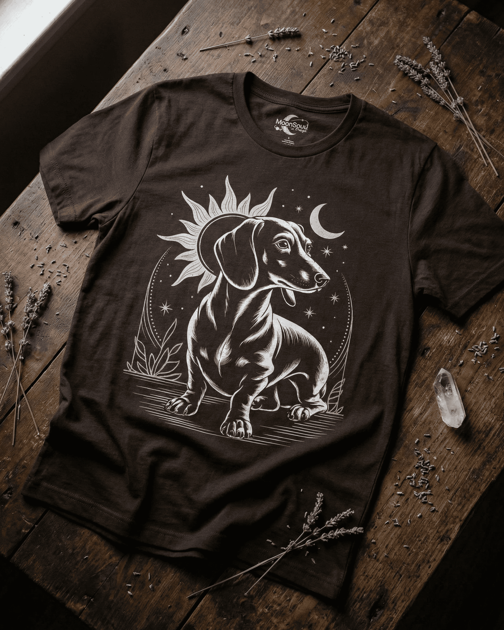 Flat lay view of a dark brown Dachshund T-shirt with a celestial wiener dog graphic. This long dog tee, shown on a wooden table with lavender, is a unique gift for a dog dad or dog mom who loves mystical designs.