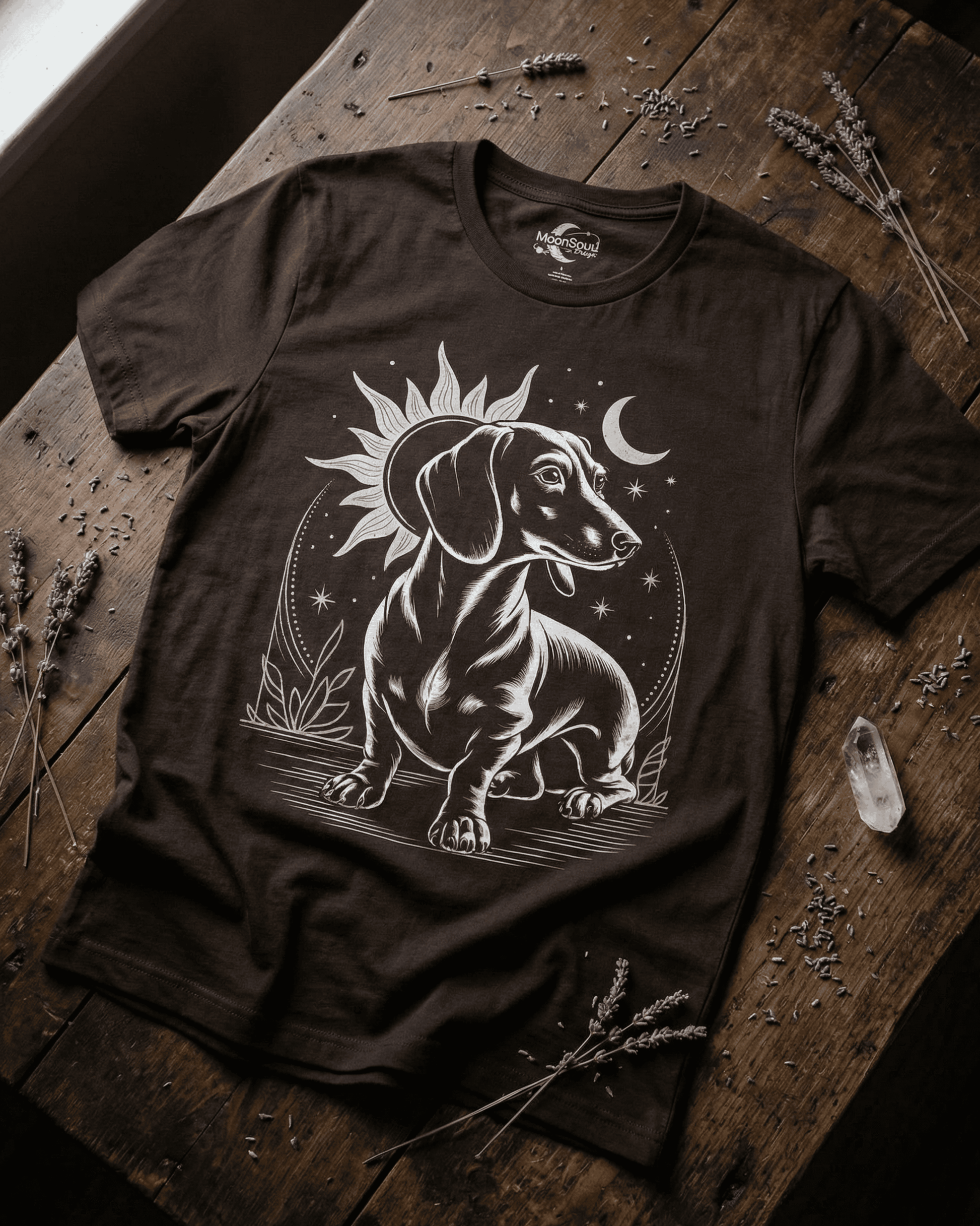 Flat lay view of a dark brown Dachshund T-shirt with a celestial wiener dog graphic. This long dog tee, shown on a wooden table with lavender, is a unique gift for a dog dad or dog mom who loves mystical designs.