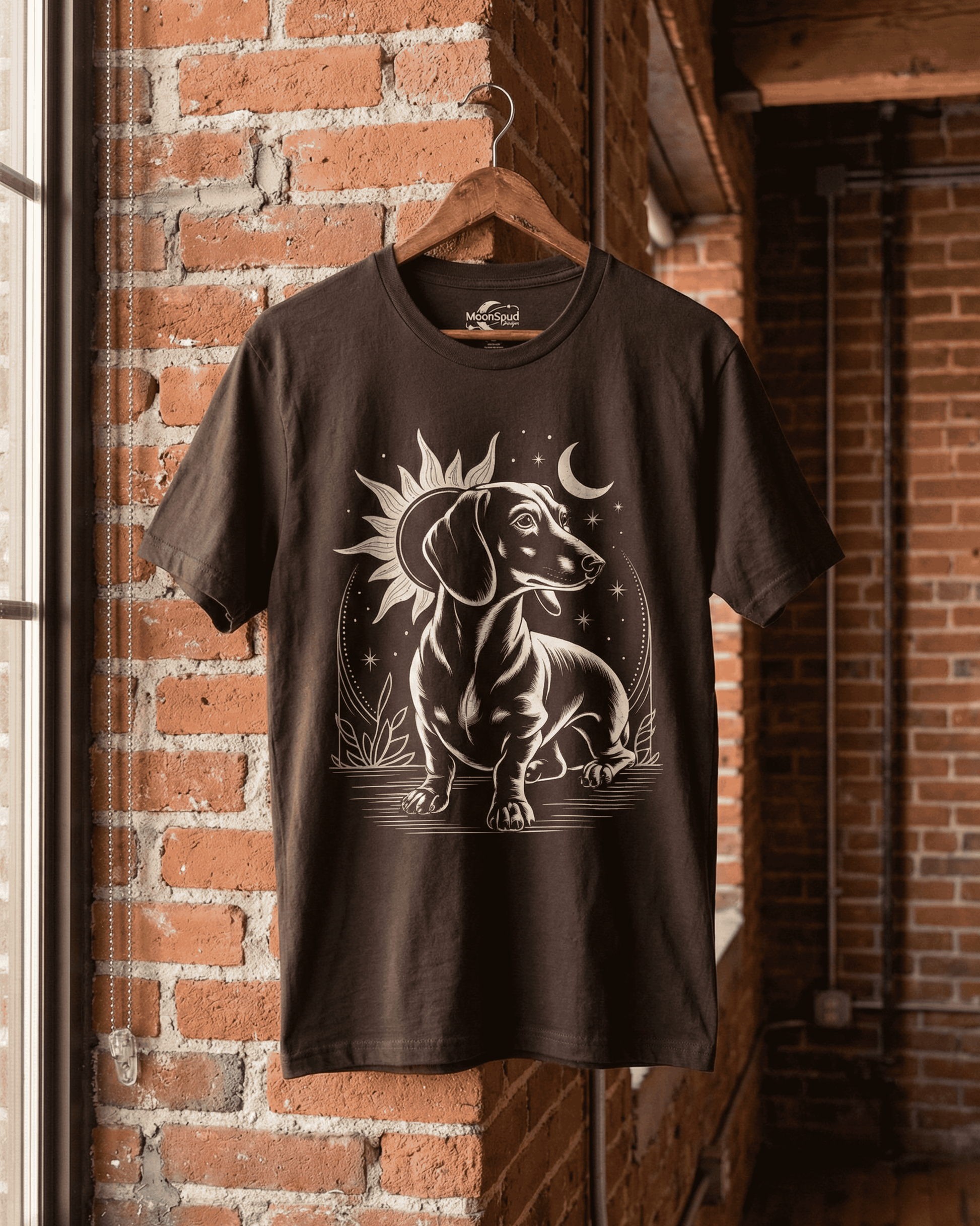A dark brown long dog tee on a hanger against a sunlit brick wall. The off-white graphic shows a celestial dachshund, making this a beautiful weiner dog shirt for any dog lover.