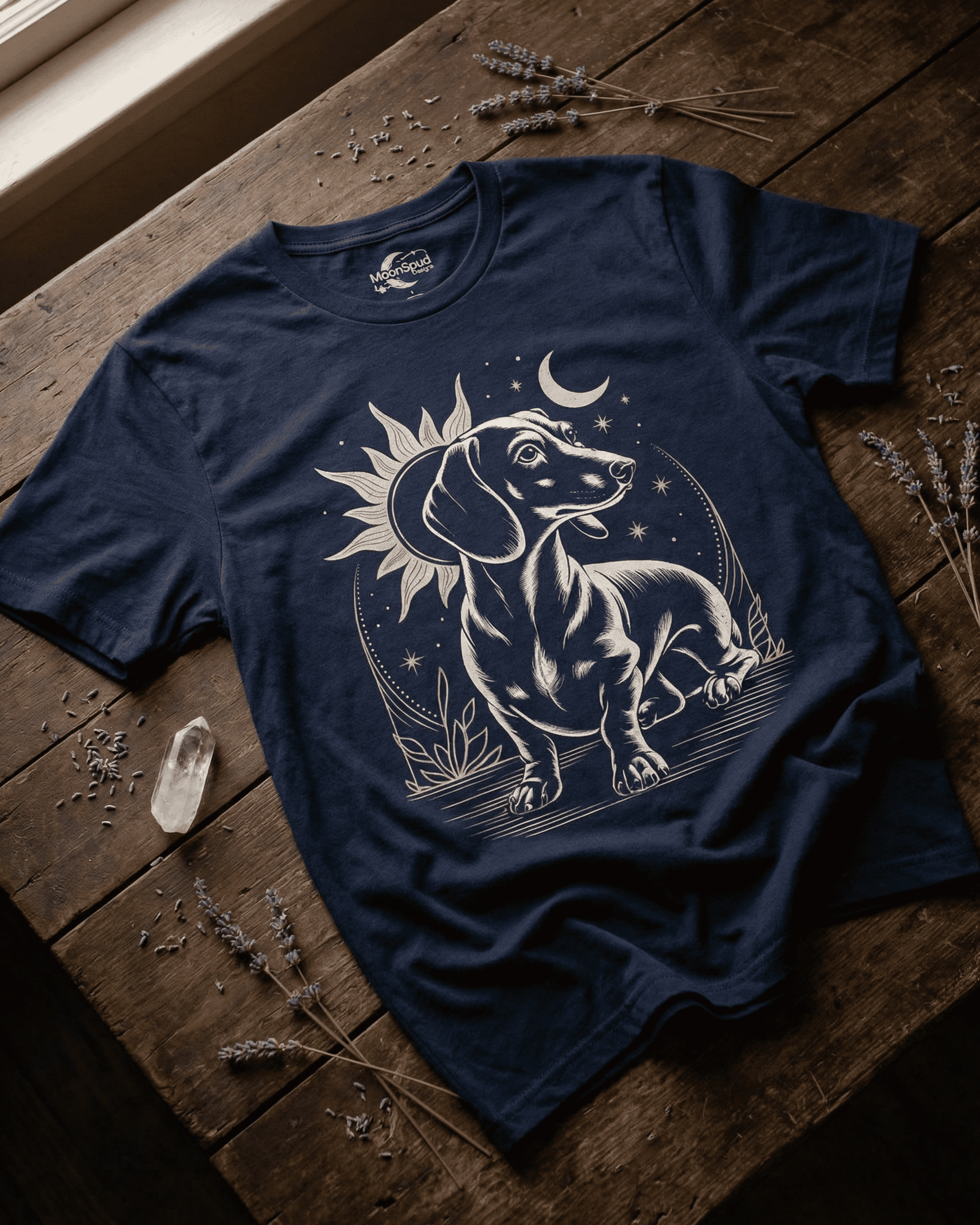 Overhead view of a navy blue Dachshund T-shirt displayed on a wood surface. The cream-colored graphic shows a mystical weiner dog with a sun and moon, a perfect shirt for a dog mom or dog lover.