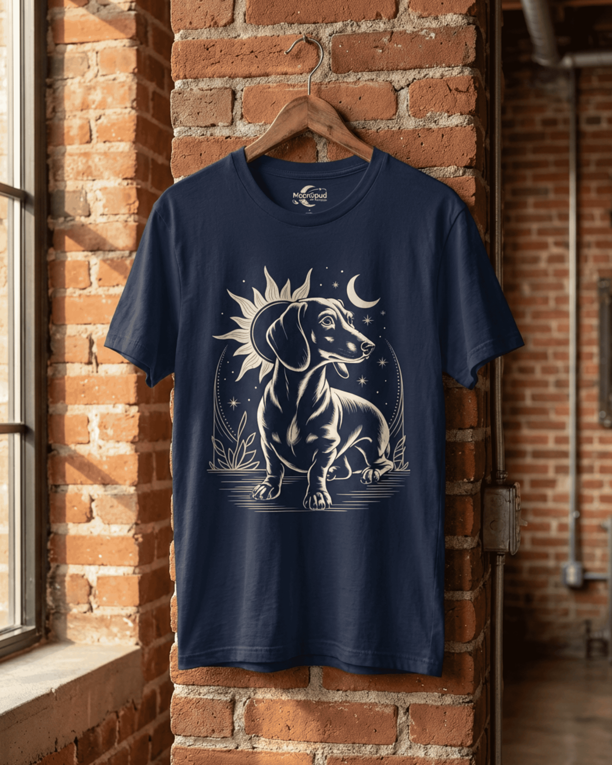 A navy blue Dachshund T-shirt on a hanger in a loft setting with a brick wall. The celestial long dog graphic makes this a stylish weiner dog shirt for any proud dog parent.