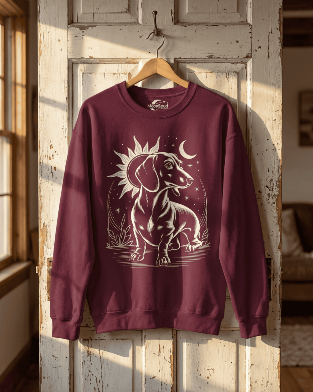 A maroon Dachshund sweatshirt for her hangs on a wooden hanger against a sunlit, distressed door. This vintage pullover is a cozy and stylish choice for any dog mom, featuring a beautiful doxie with a celestial sun and moon backdrop.