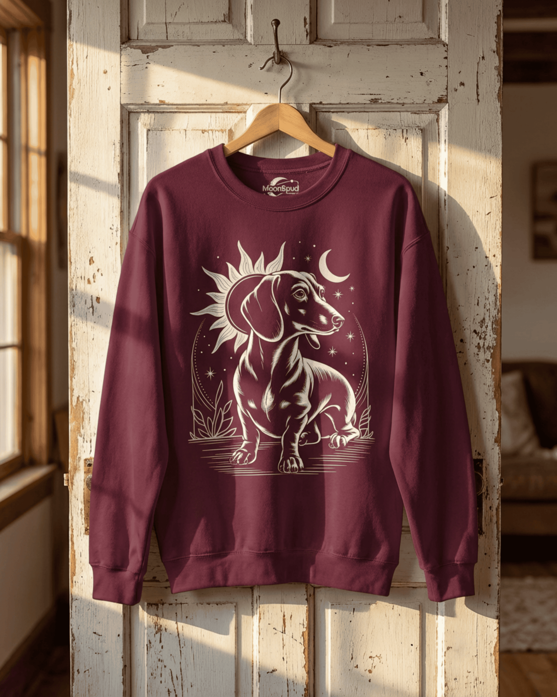 A maroon Dachshund sweatshirt for her hangs on a wooden hanger against a sunlit, distressed door. This vintage pullover is a cozy and stylish choice for any dog mom, featuring a beautiful doxie with a celestial sun and moon backdrop.