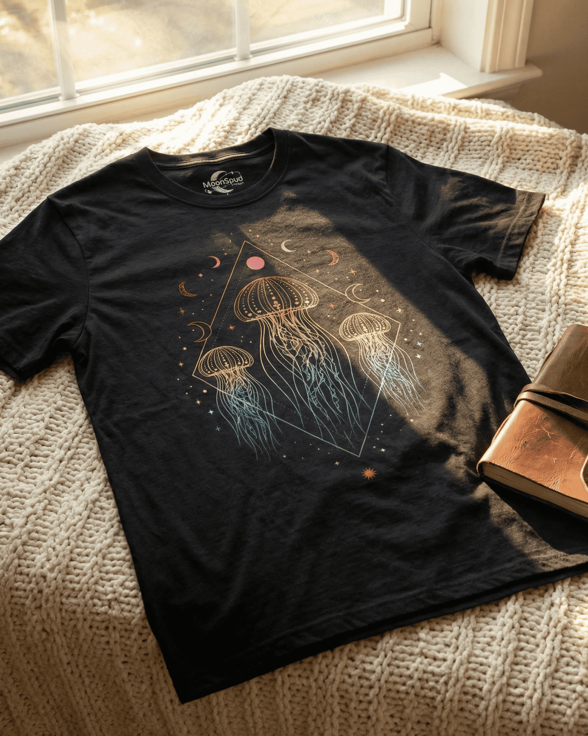 Overhead view of a black Jellyfish Rainbow Festival Tshirt styled on a dark wood surface with amethyst crystals and lavender. The celestial boho design features three ocean jellyfish glowing in a vibrant orange-to-blue rainbow gradient, framed by moons and stars.