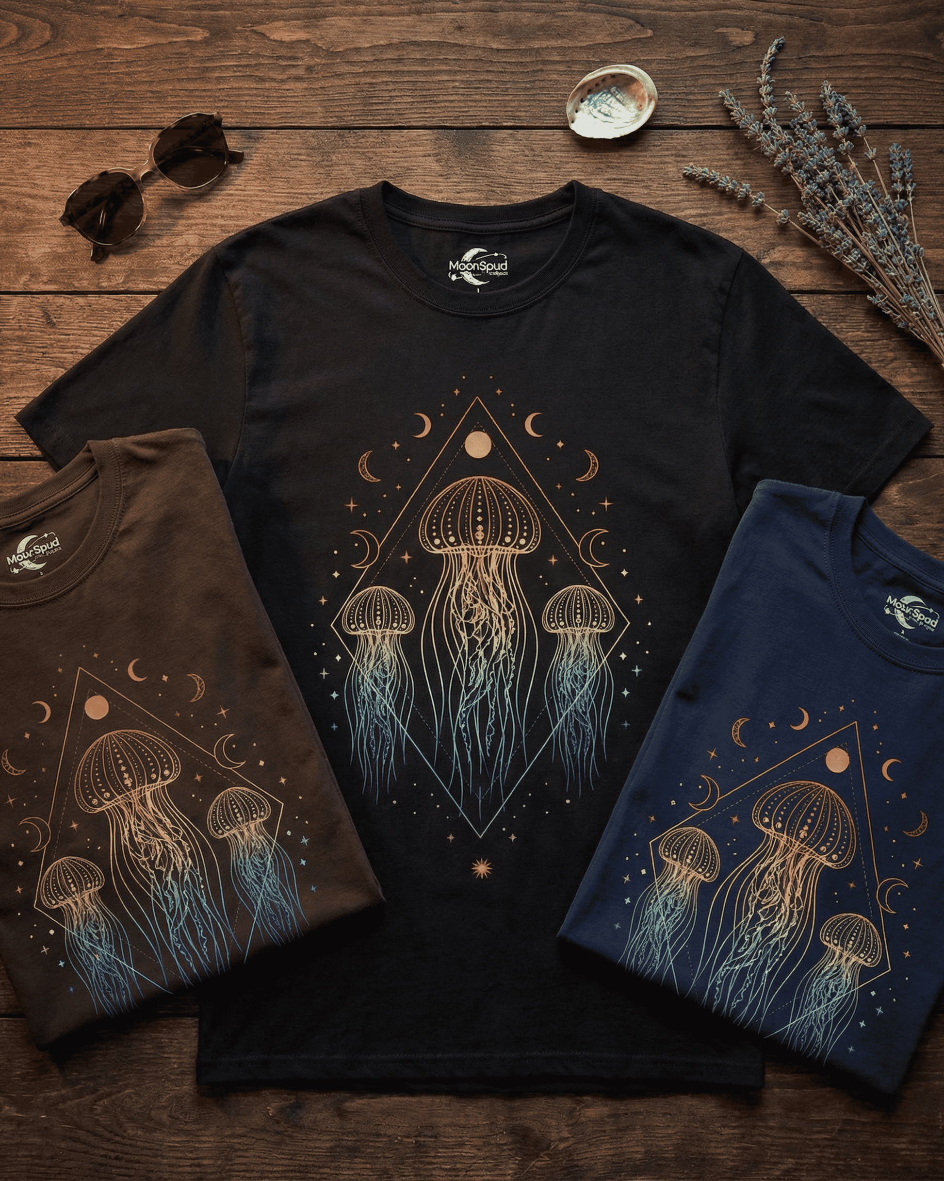 A flatlay of three Celestial Boho Ocean Lover shirts in brown, black, and navy blue, laid on a dark wooden background. The central black tee showcases a vibrant, rainbow-gradient jellyfish design with moon phases and stars, making it an ideal Sea Animals Top for festival-goers.