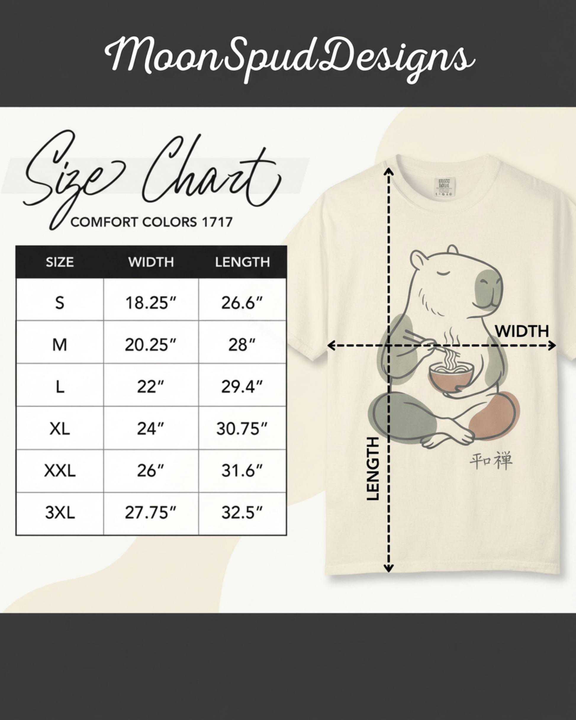 Size chart for the Capybara Peaceful Zen Ramen T-Shirt. The chart details width and length measurements in inches for the unisex Comfort Colors 1717 tee, available in sizes Small to 3XL. An illustration shows where the shirt is measured.