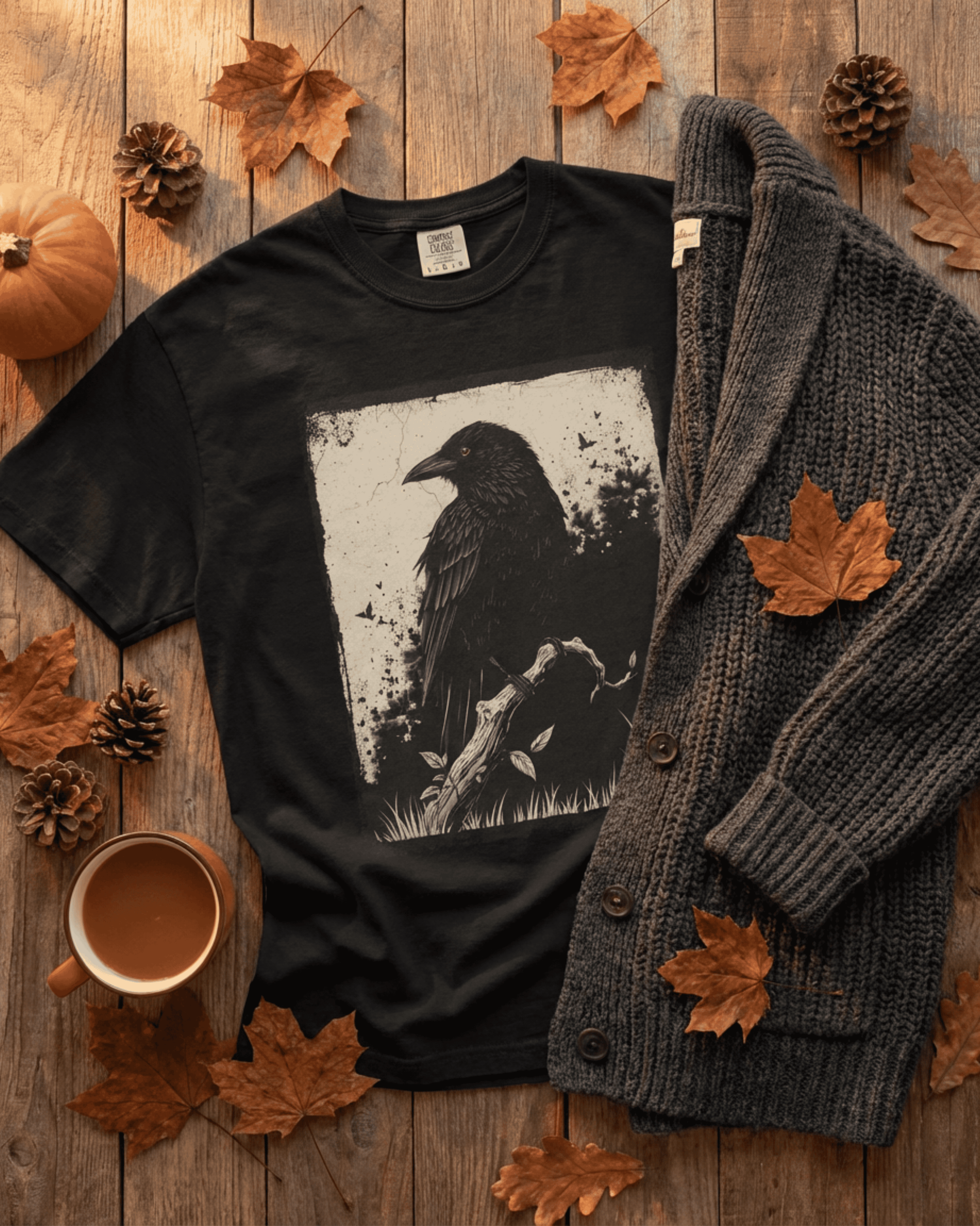 Black Comfort Colors Black Raven Tshirt with witchy crow artwork laid out on rustic wood beside a chunky gray cardigan, coffee mug, pumpkins, pinecones, and fall leaves, creating a cozy dark academia aesthetic tee vibe.