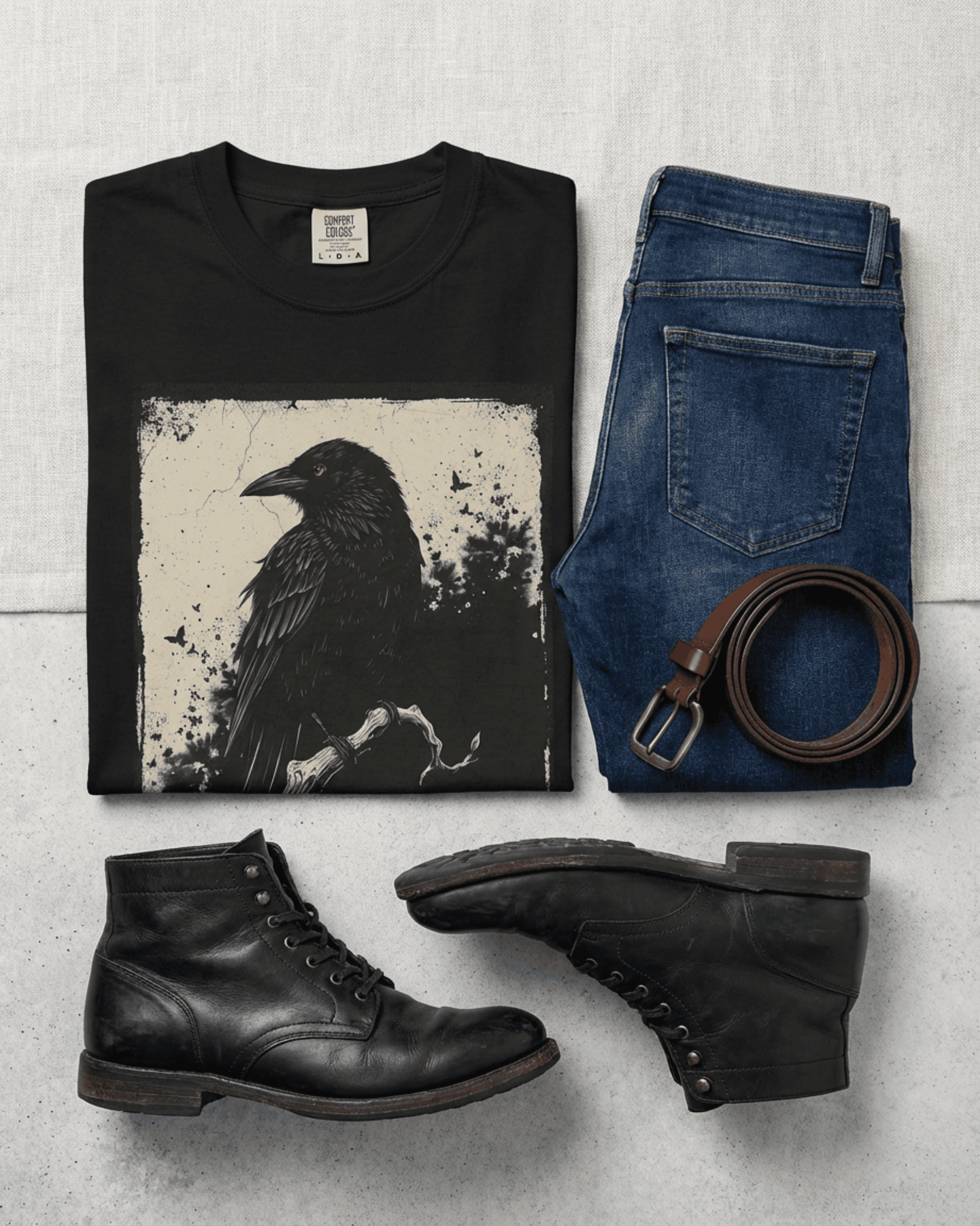 Flat lay of a black Comfort Colors Black Raven Tshirt with a detailed crow illustration, styled with dark blue jeans, a brown leather belt, and worn black boots for a goth alternative style shirt and dark academia aesthetic tee look.