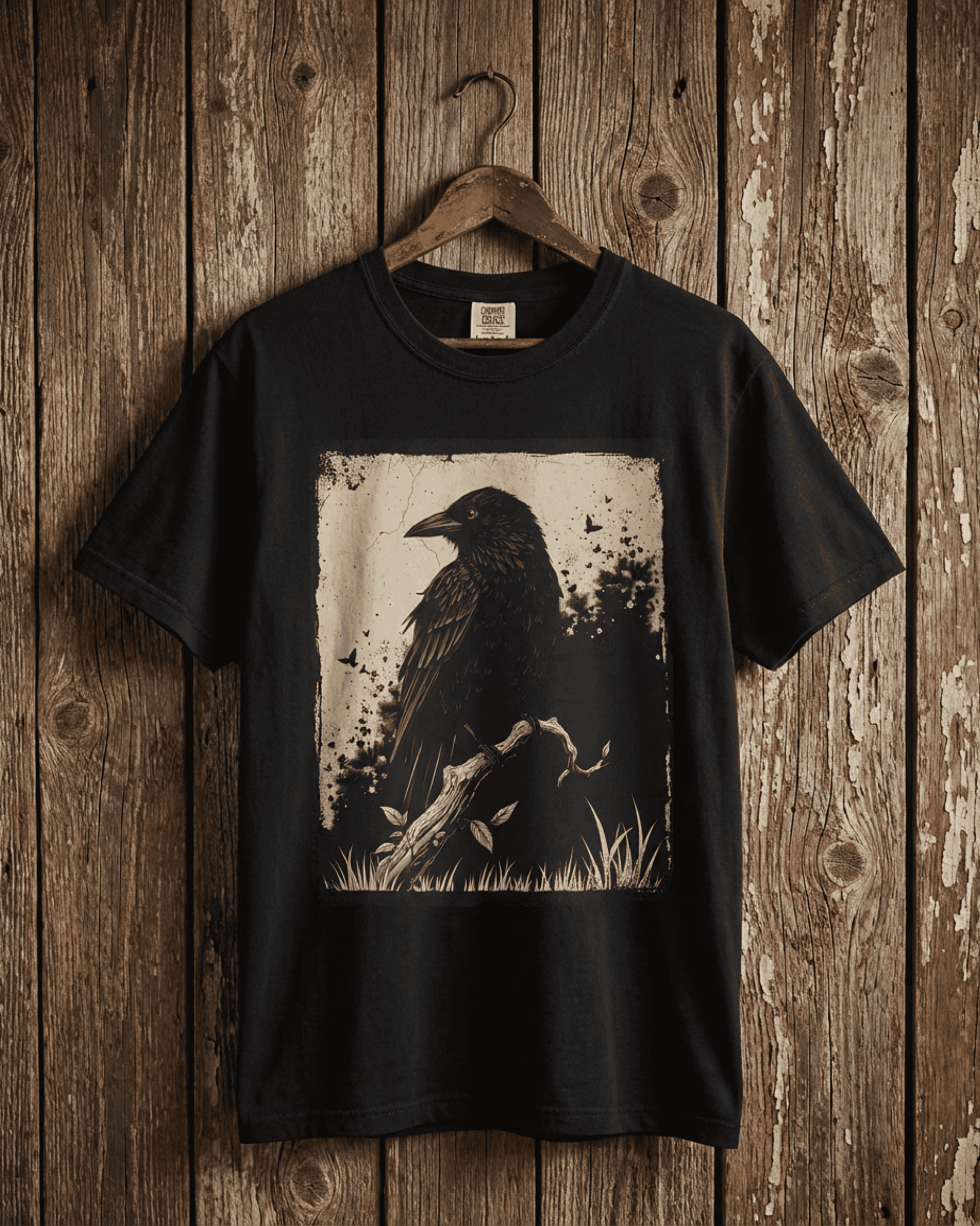 Black Comfort Colors Black Raven Tshirt hanging on a wooden hanger against a weathered barn wood wall, highlighting the dark crow graphic and rustic grunge aesthetic of this dark academia alternative style shirt.
