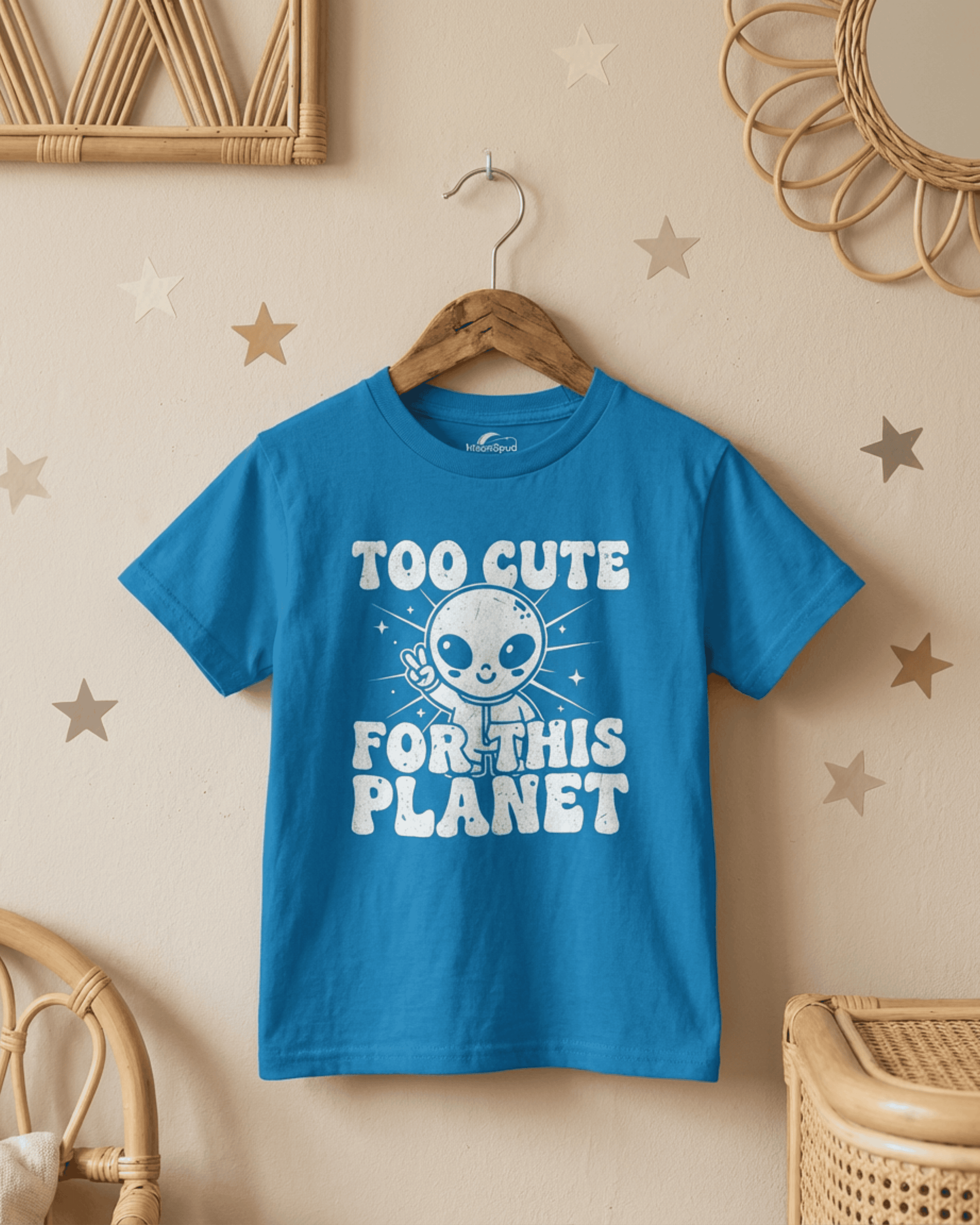 The royal blue cute kids alien tshirt hangs on a wooden hanger in a child's bedroom with rattan decor. The white retro font and friendly alien graphic pop against the blue fabric, showcasing a perfect piece of fun kids' apparel.