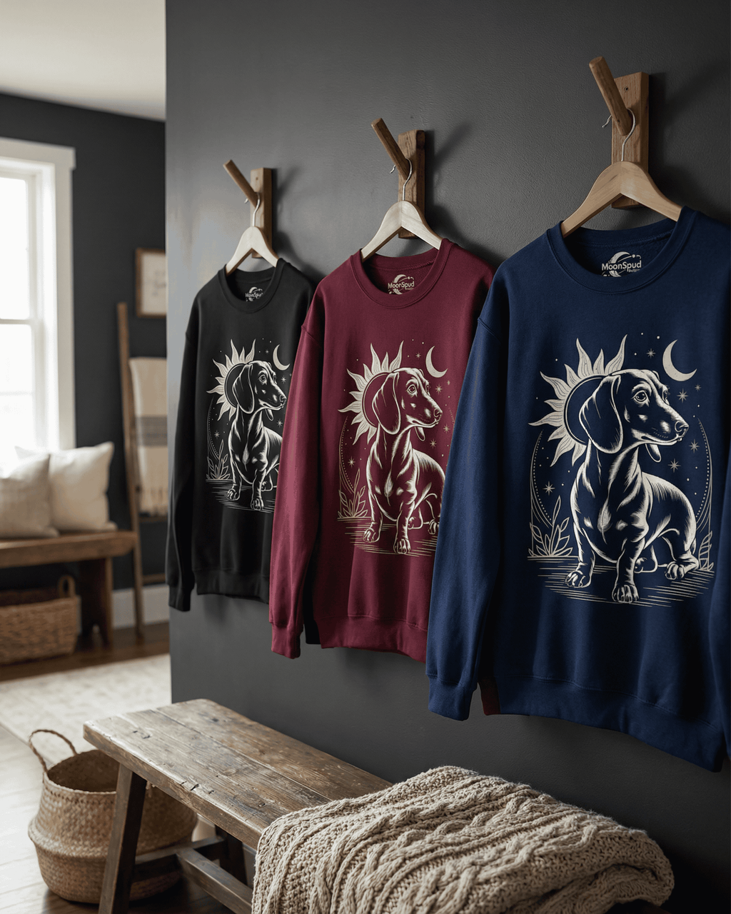 Three Dachshund sweatshirts for her hanging on wooden hooks in a cozy room setting. The vintage wiener dog pullover sweater is shown in black, maroon, and navy blue, each featuring a beautiful celestial sun and moon aesthetic.