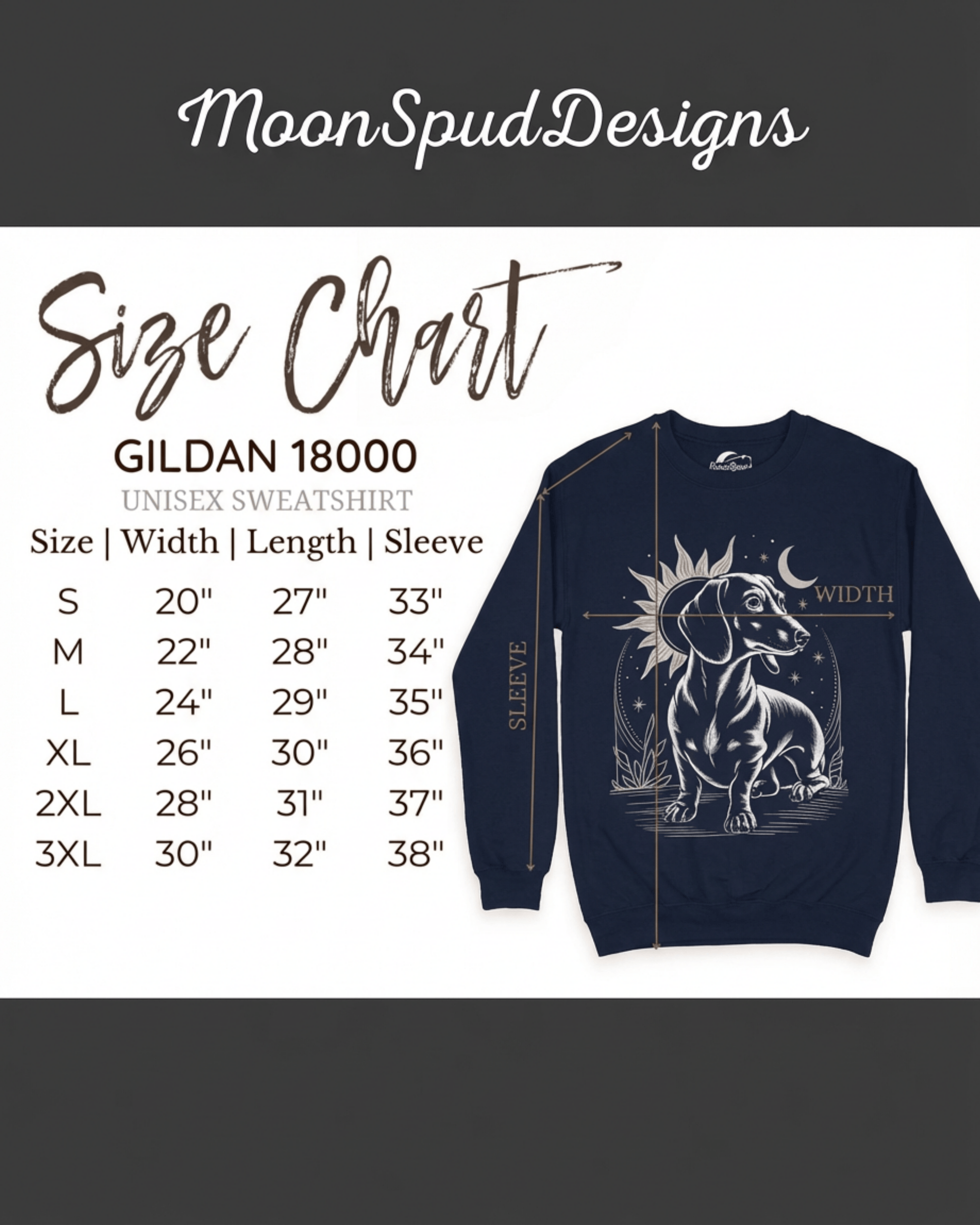 Size chart for the celestial Dachshund sweatshirt. The chart shows unisex Gildan 18000 sizing for the Doxie lover crewneck top, with measurements in inches for width, length, and sleeve from size S to 3XL. The navy blue sweater is shown for measurement reference.