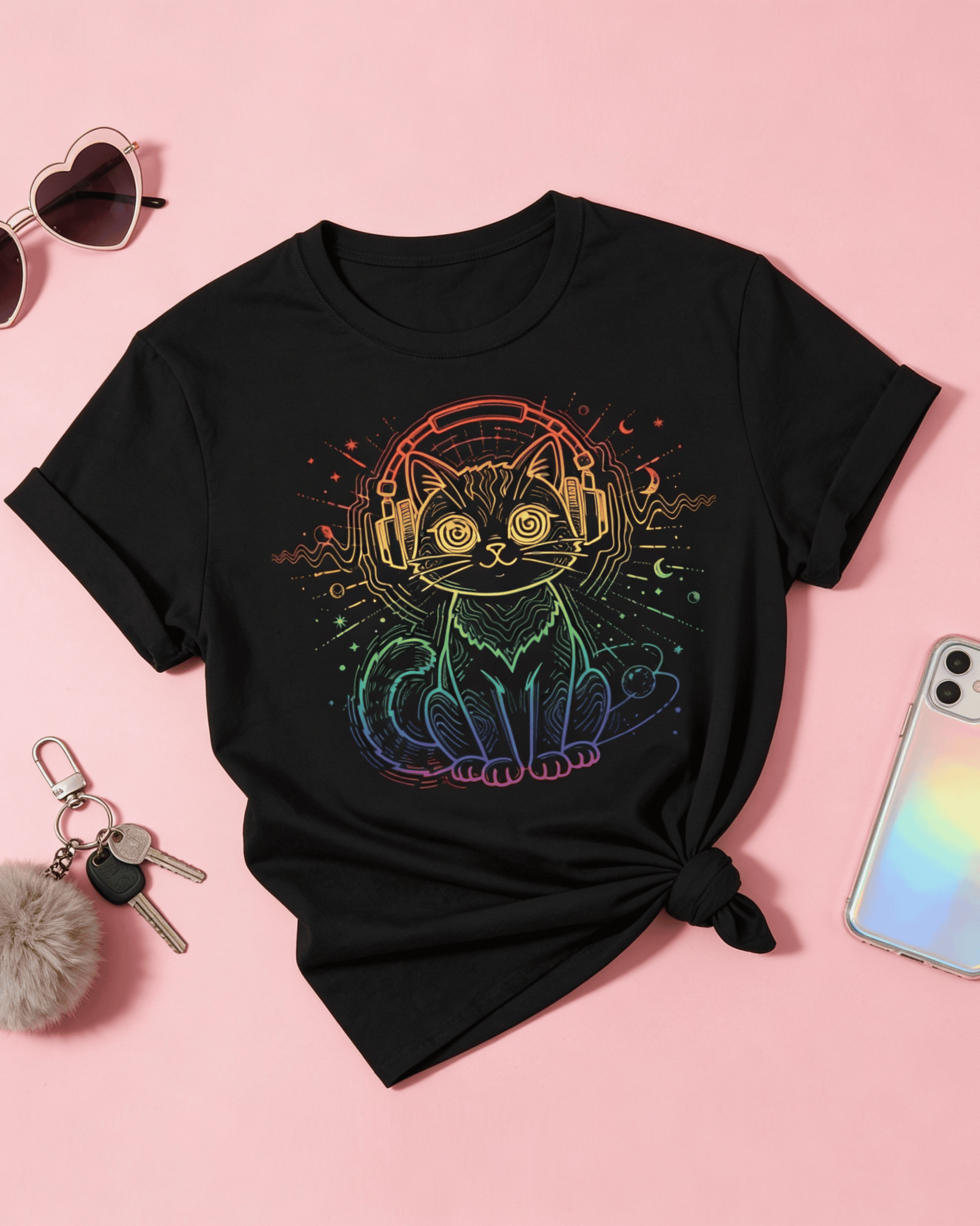 A styled, black DJ Cat graphic tee tied in a knot at the side, laid on a pink background. The shirt's colorful retro EDM design is shown with everyday essentials like sunglasses and keys, highlighting its versatile style.