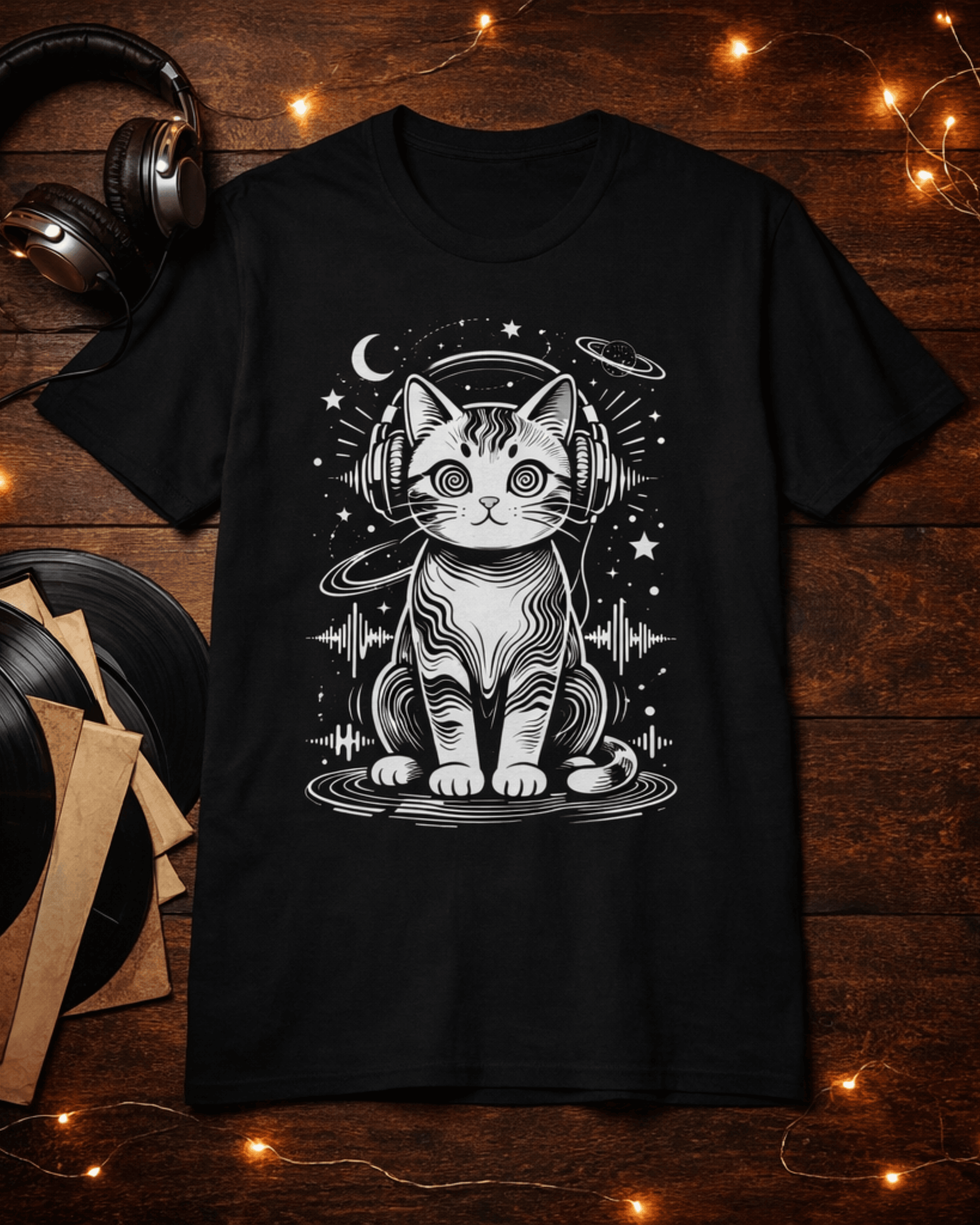 A flat lay of the black Music Lover DJ Cat T-shirt on a dark wood background, surrounded by retro vinyl records and headphones. The detailed graphic tee design features a cat with hypnotic eyes wearing headphones, vibing to EDM and house music soundwaves.
