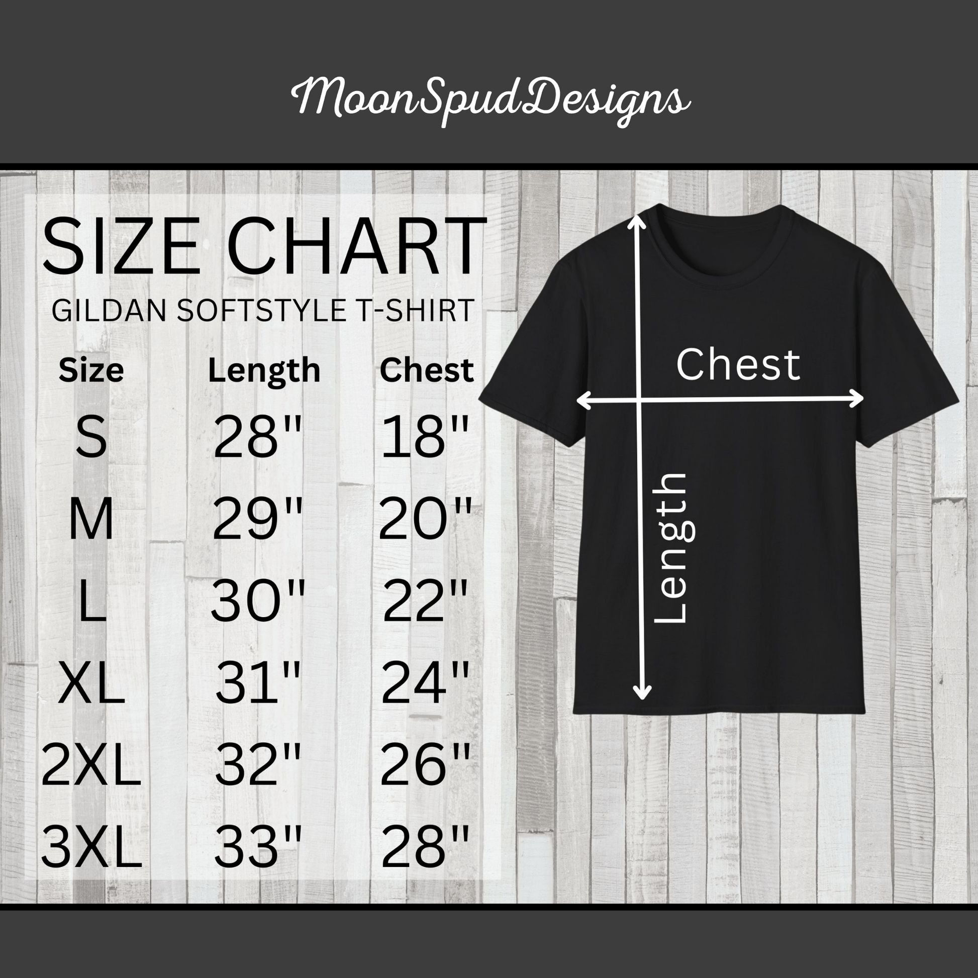 Size chart for the Gildan Softstyle DJ Cat T-Shirt. Lists sizes Small to 3XL with chest and length measurements in inches to help you find the perfect fit.
