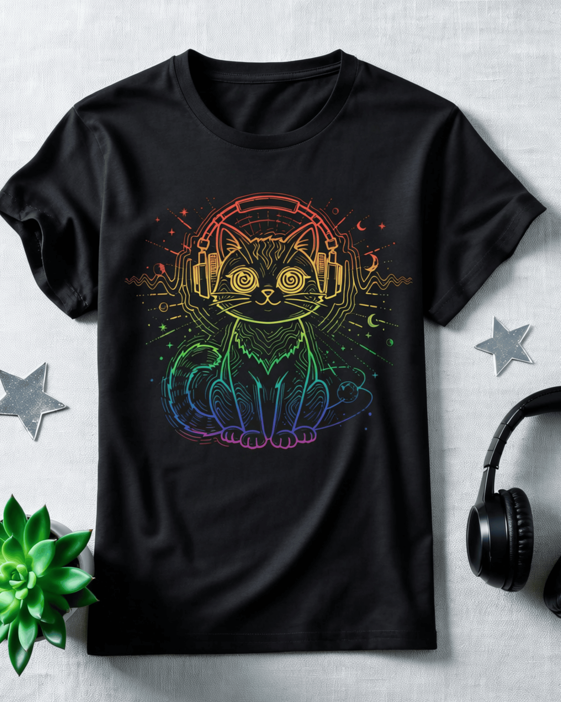 A detailed flat lay of the black DJ Cat Techno Shirt. The graphic tee's design is clearly visible: a neon rainbow-outlined cat wearing headphones, surrounded by musical notes, stars, and crescent moons, capturing a vibrant retro rave aesthetic.