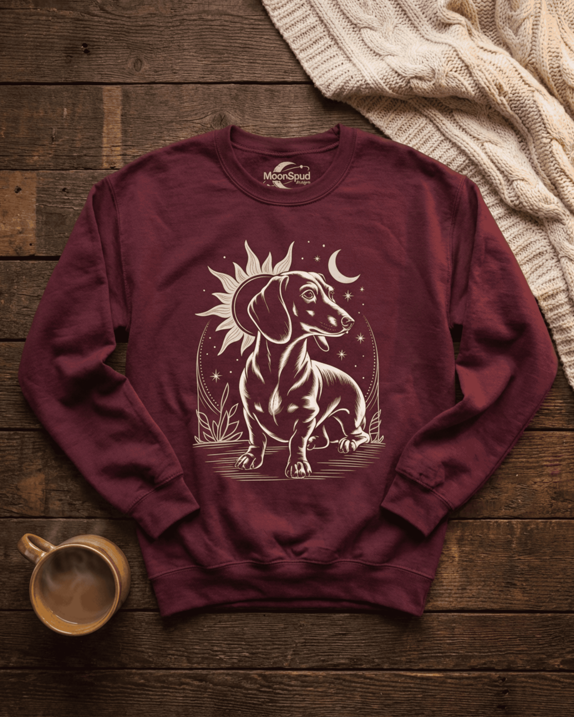 A maroon Doxie Lover crewneck top is arranged in a flat lay style on a rustic wood background. The design features a charming long dog with a celestial sun and moon aesthetic, perfect for someone who loves vintage wiener dog pullovers.