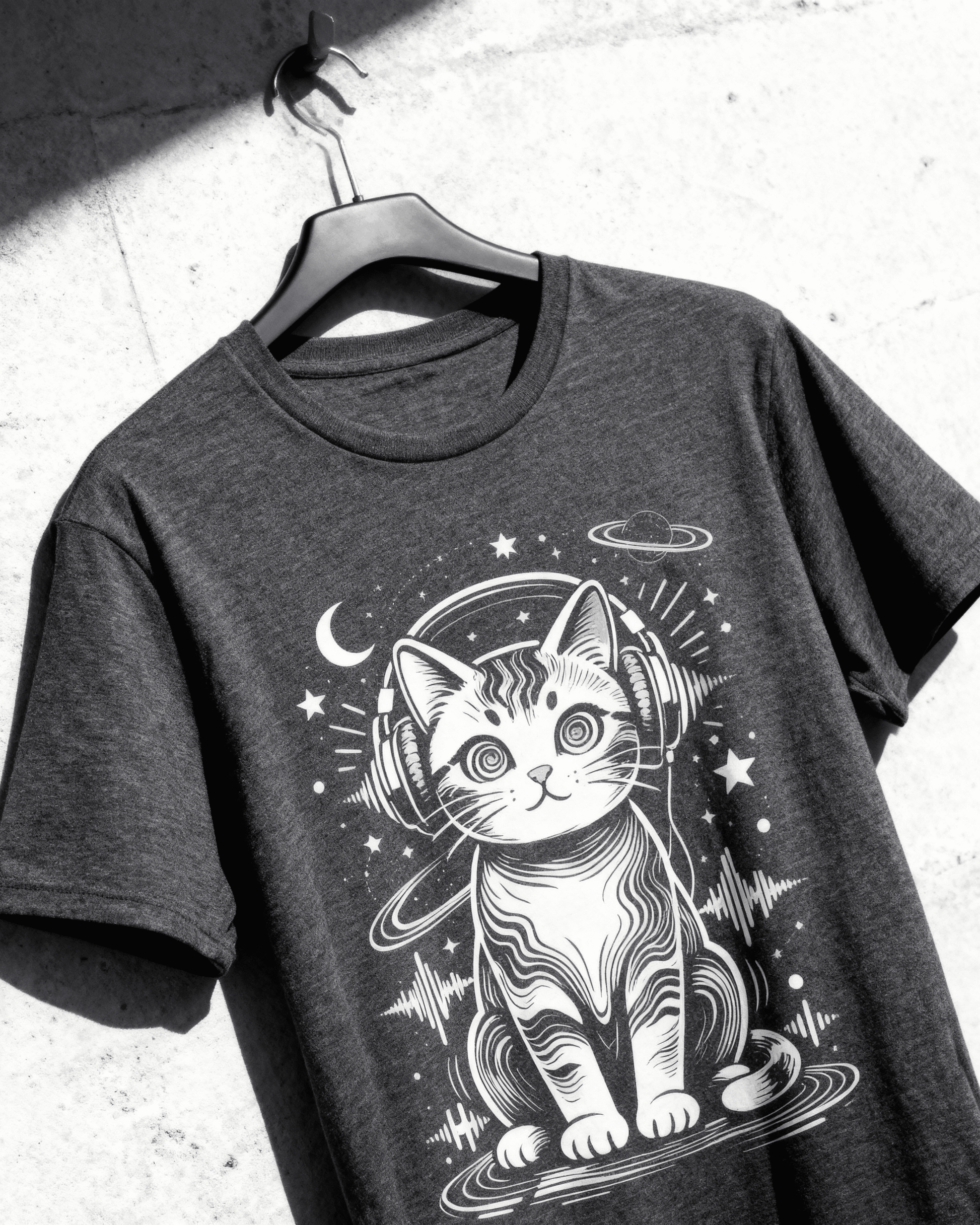 Close-up of the heather grey EDM House Music Shirt on a hanger, highlighting the detailed line art of the DJ cat graphic tee against a textured concrete wall.