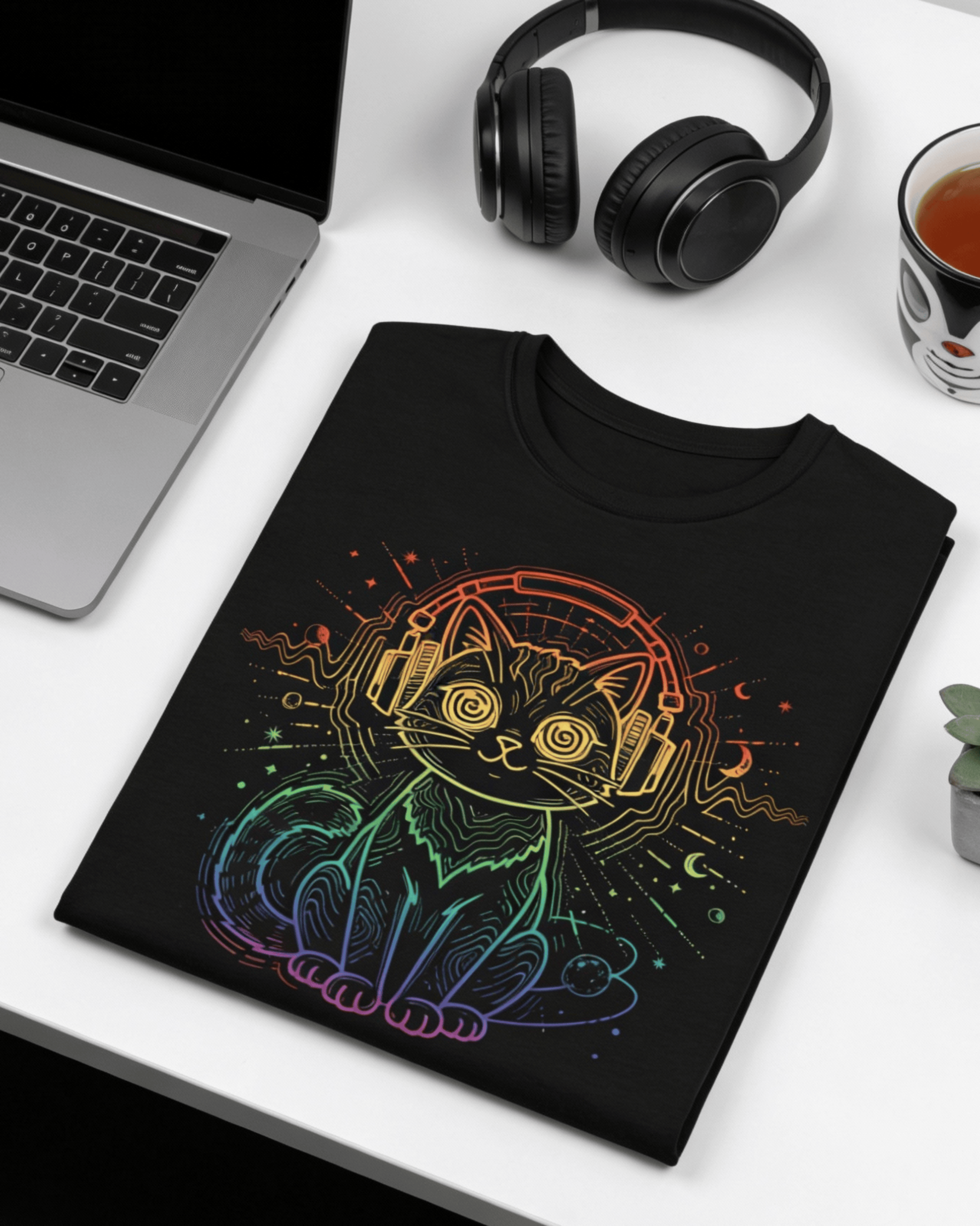 A neatly folded black House Music Techno Shirt on a white desk. The detailed graphic of a rainbow-colored DJ cat with hypnotic eyes is clearly visible, making it the perfect graphic tee for a music lover's workspace.