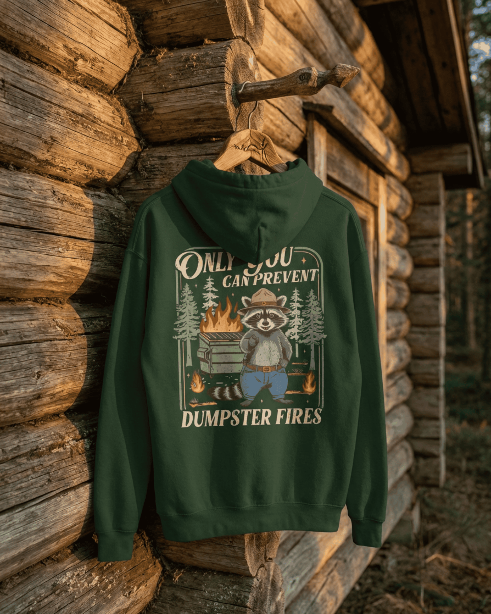 The forest green funny mental health hooded sweatshirt hangs on a hook against a rustic log cabin. This lifestyle shot showcases the back of the "Only You Can Prevent Dumpster Fires" Raccoon Hoodie, which features a detailed National Park parody graphic.