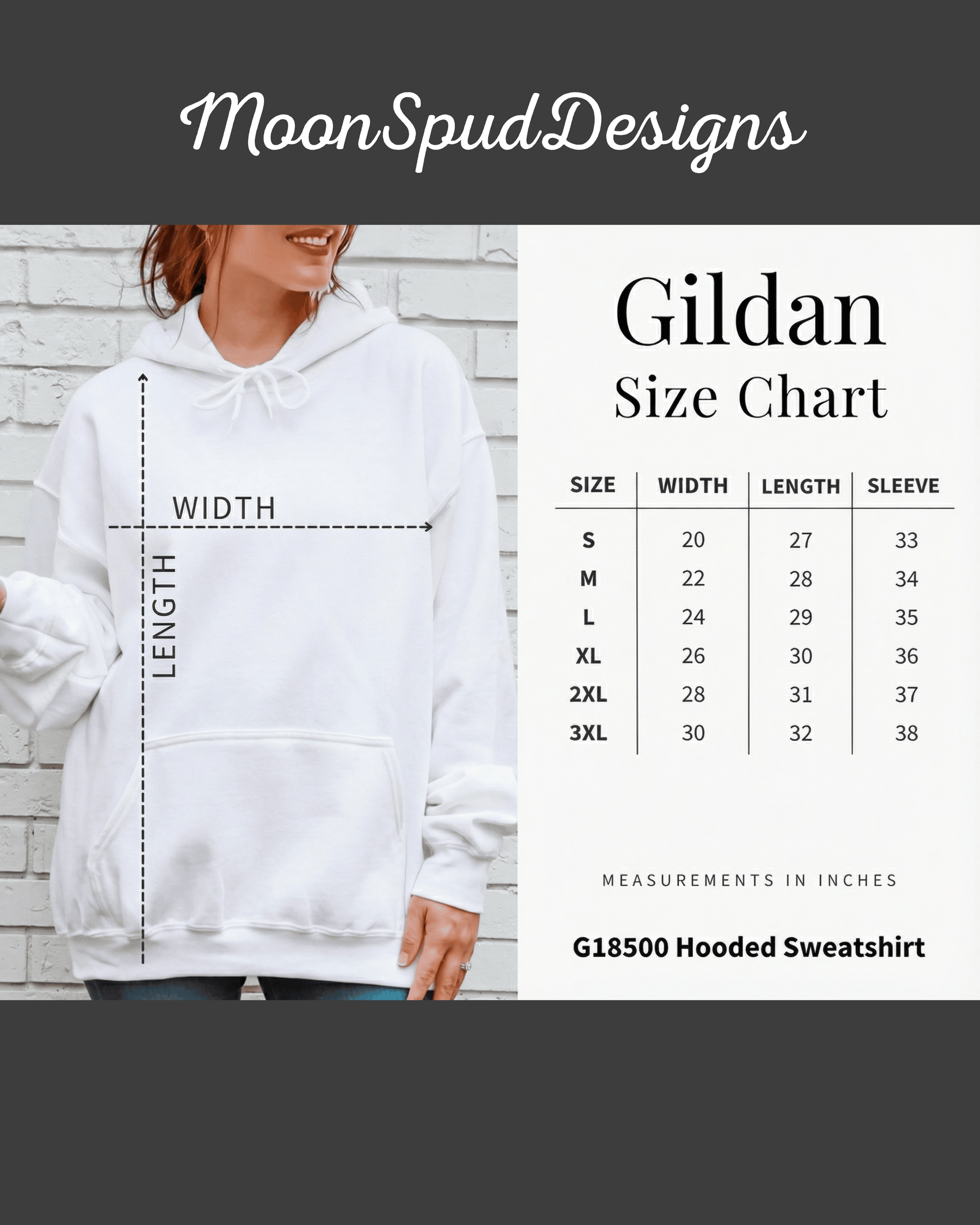 Size chart for the 'Only You Can Prevent Dumpster Fires' hooded sweatshirt, showing width, length, and sleeve measurements in inches for the unisex Gildan hoodie in sizes Small to 3XL.