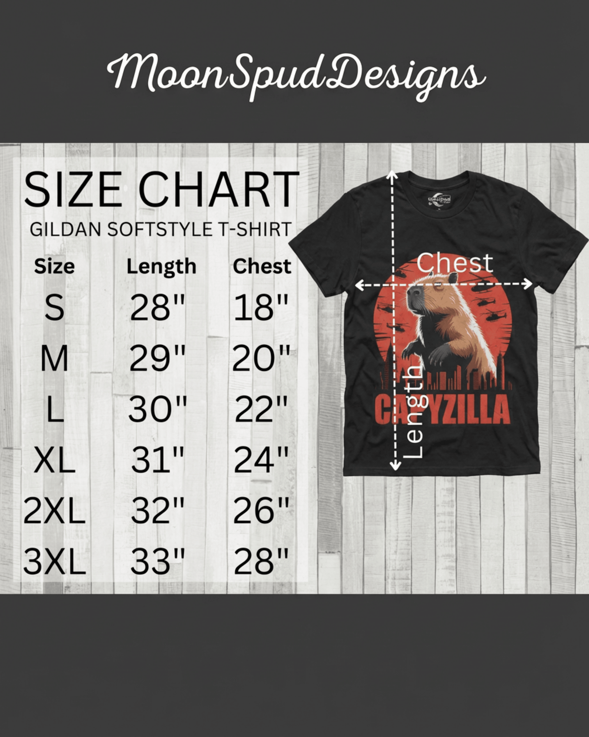 A detailed Gildan Softstyle T-Shirt size chart for the Black Funny Capybara Monster T-Shirt. It lists length and chest measurements in inches for sizes S, M, L, XL, 2XL, and 3XL. A smaller inset image of the 'CAPYZILLA' Godzilla Parody Graphic Tee clearly illustrates where to measure for accurate fitting, ensuring you find the perfect size for this unique graphic tee.