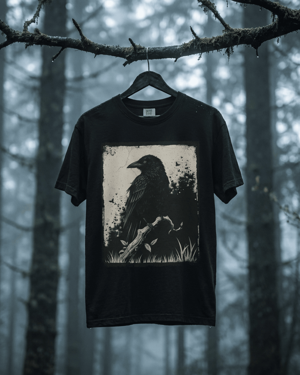 A black Comfort Colors raven t-shirt hangs from a branch in a misty, dark forest. The goth alternative style shirt features a detailed crow design with a grunge, distressed aesthetic, perfect for a witchy wardrobe.
