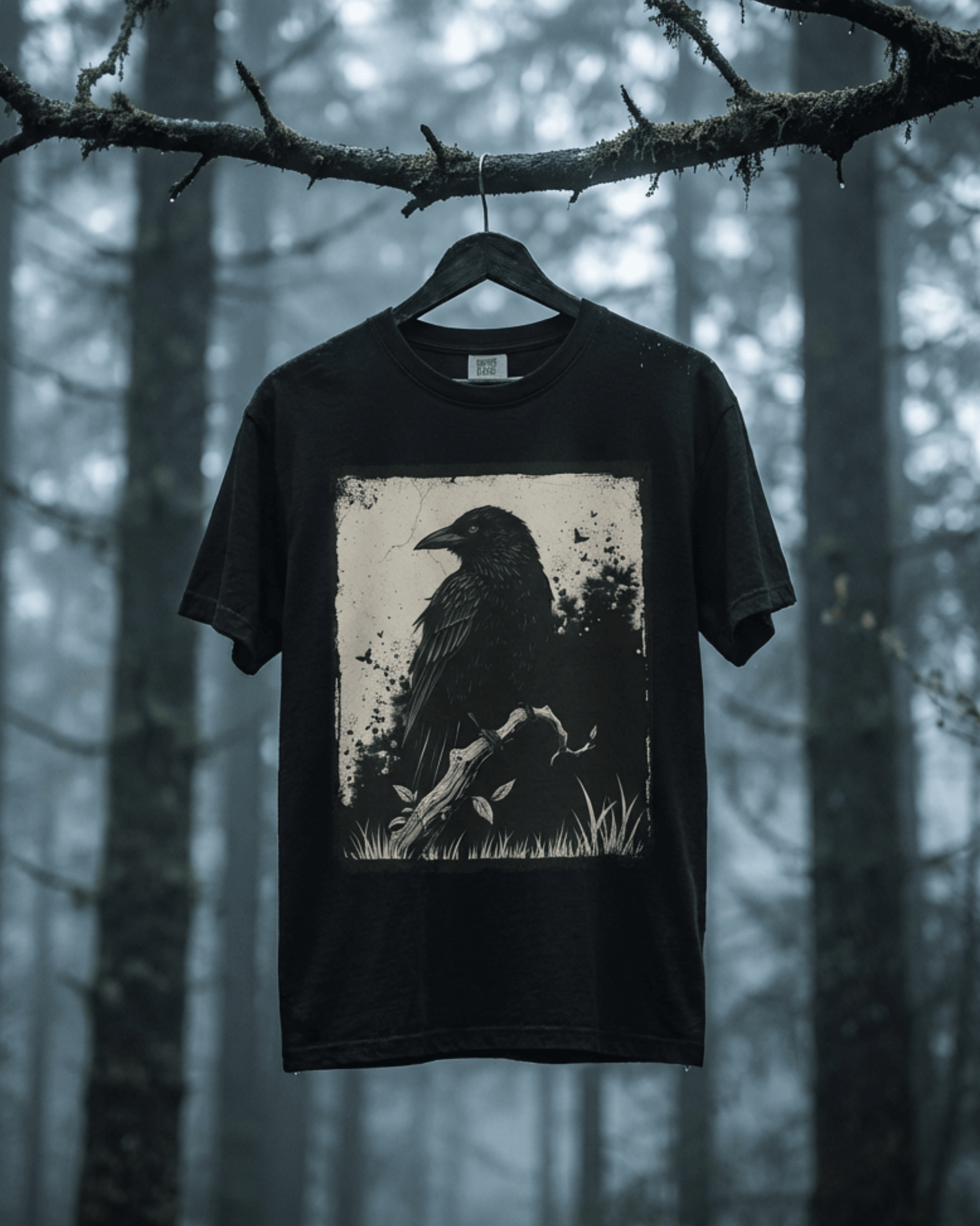 A black Comfort Colors raven t-shirt hangs from a branch in a misty, dark forest. The goth alternative style shirt features a detailed crow design with a grunge, distressed aesthetic, perfect for a witchy wardrobe.