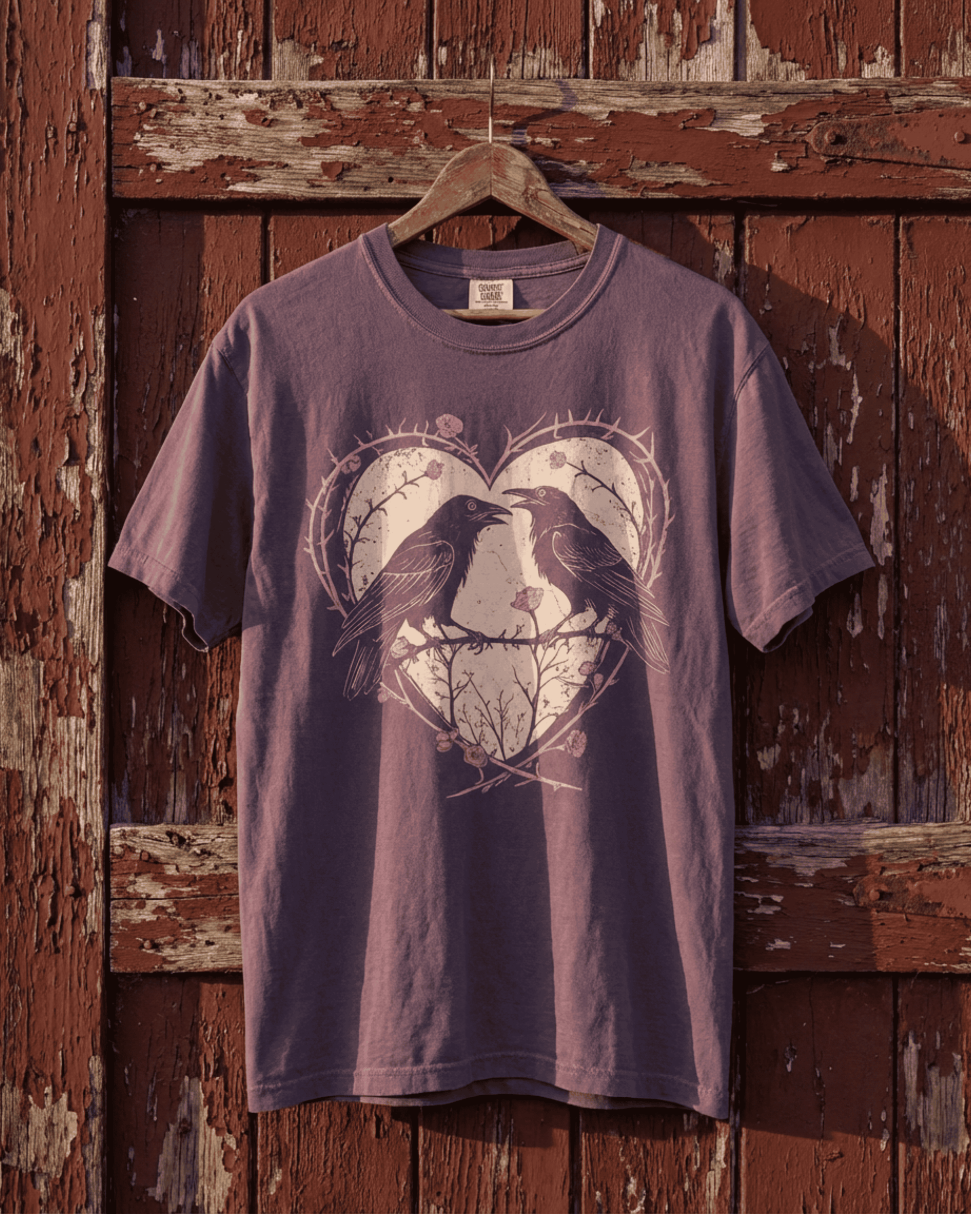 Front view of the berry-colored Whimsigoth raven t-shirt hanging on a wooden hanger against a rustic red barn door. The edgy punk graphic, featuring two crows within a pink heart of thorns and roses, is clearly visible in the warm sunlight, showcasing the shirt's grunge aesthetic.