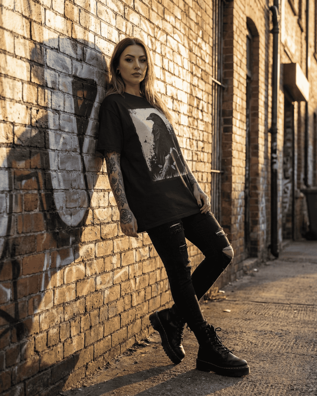 Person leaning against a graffiti brick wall at sunset wearing a loose black grunge witchy crow t-shirt, ripped black jeans, and chunky boots, showcasing a goth alternative style shirt outfit for women and men.