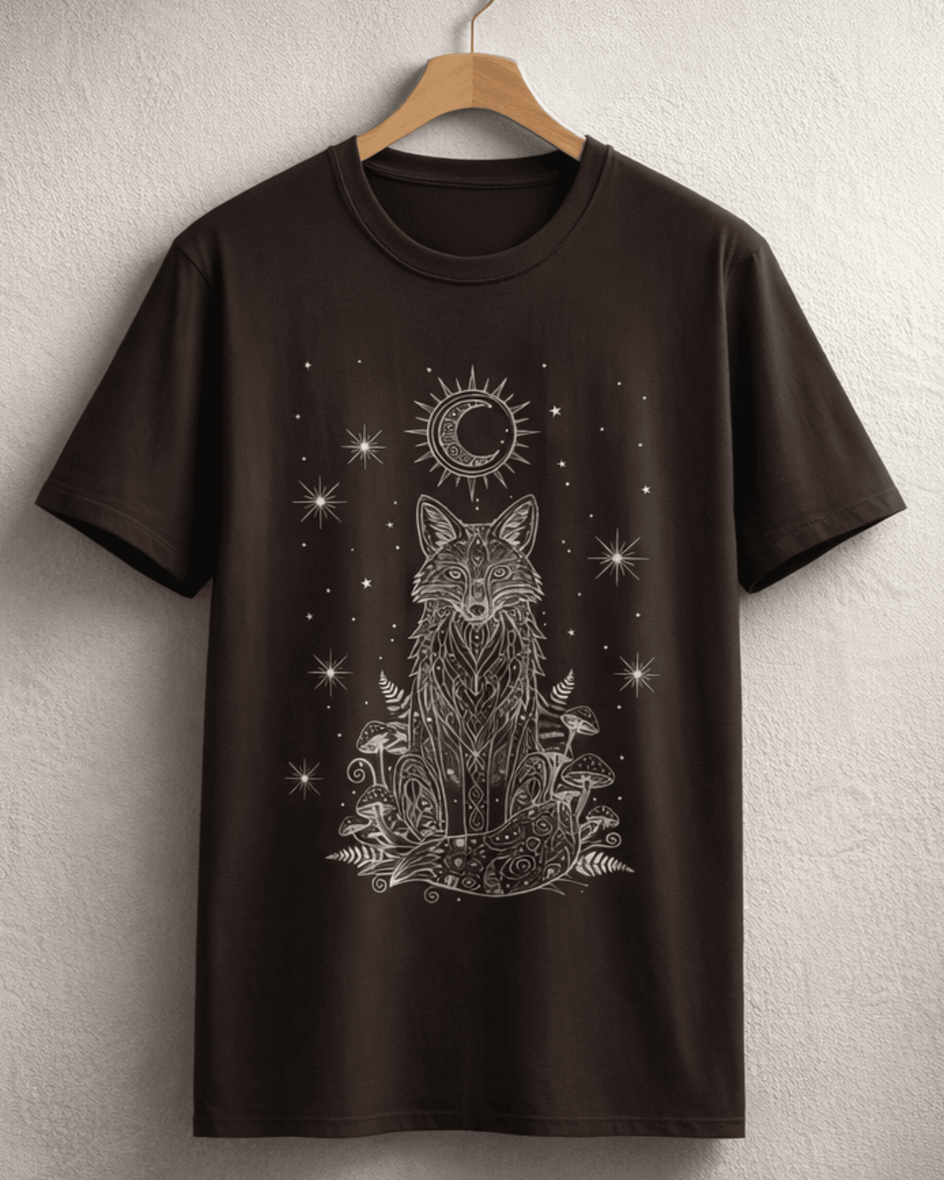 A dark brown Fox Shirt hanging on a wooden hanger against a textured white wall, clearly showing the full front print of the Witchy Crescent Moon Graphic Tee design with intricate floral and mushroom details.
