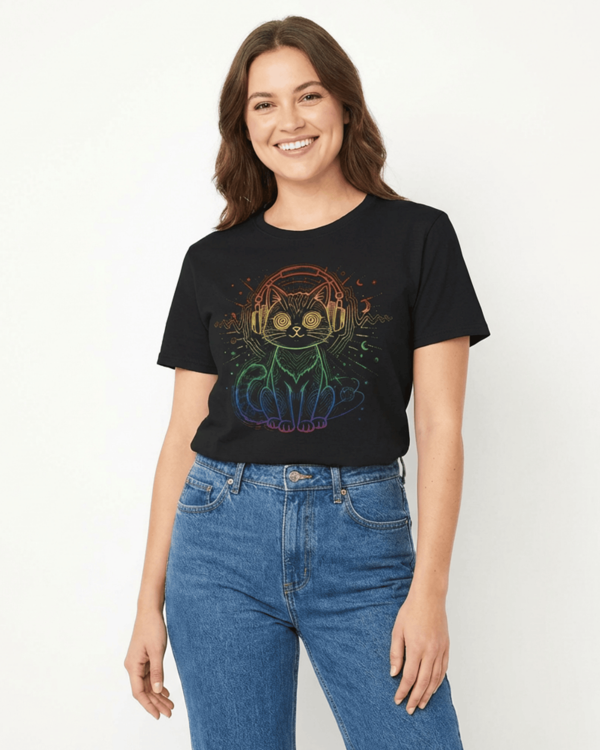 A woman with a bright smile models the black House Music T-Shirt against a clean white background. She's wearing the graphic tee, which features a colorful DJ cat with headphones, showing how it pairs with casual blue jeans for any music lover.