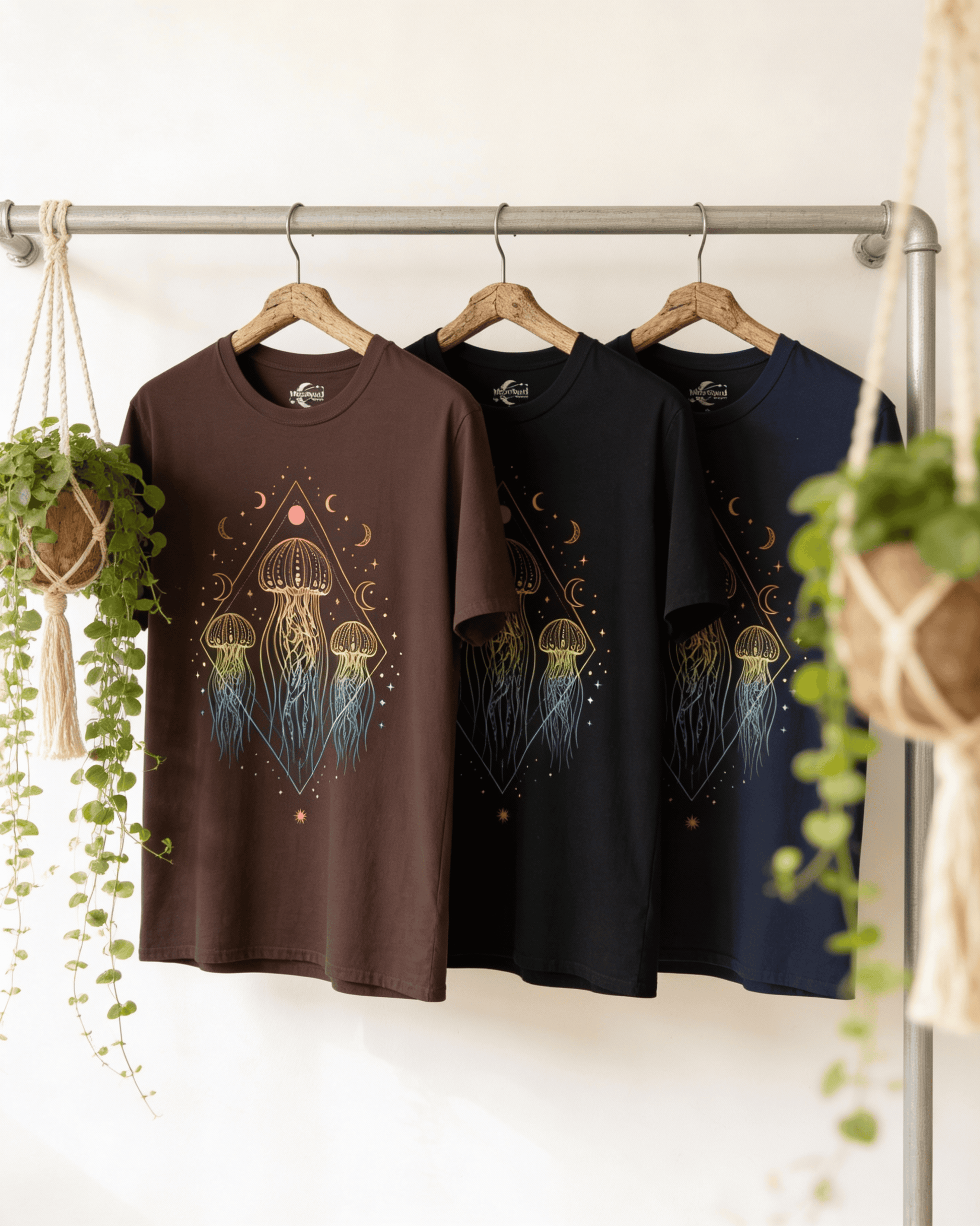 Three versions of the Jellyfish Rainbow Festival Tshirt in brown, black, and navy blue hang on wooden hangers against a clean, white wall. This beautiful Sea Animals Top, with its intricate jellyfish and celestial design, is framed by lush green plants in macrame hangers.