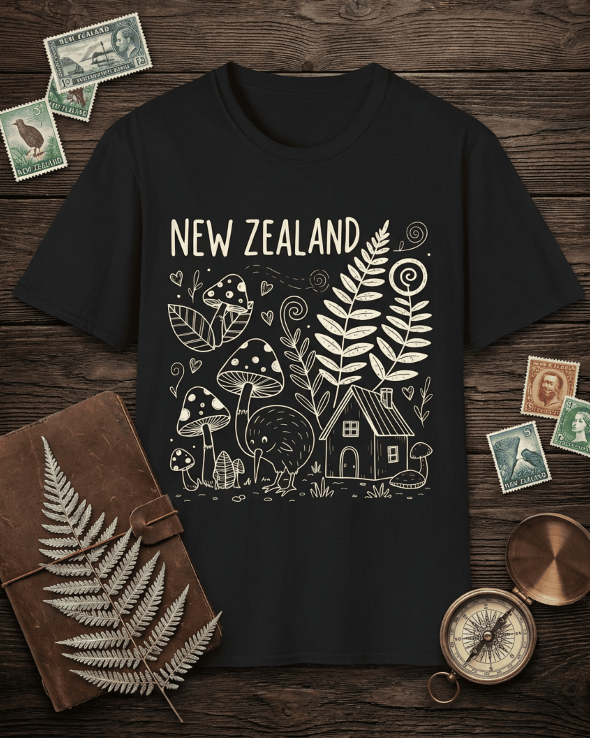 Flat lay of a black New Zealand T-shirt featuring a whimsical Kiwi bird doodle. This souvenir shirt is styled on a dark wood table with a compass and vintage stamps, making it a perfect travel gift.
