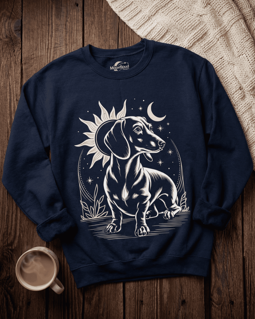 A navy Doxie Lover crewneck top embodying the long dog aesthetic, shown flat on a dark wood table with a warm drink and blanket. The sweatshirt's celestial sun and moon graphic highlights a beautifully illustrated dachshund.