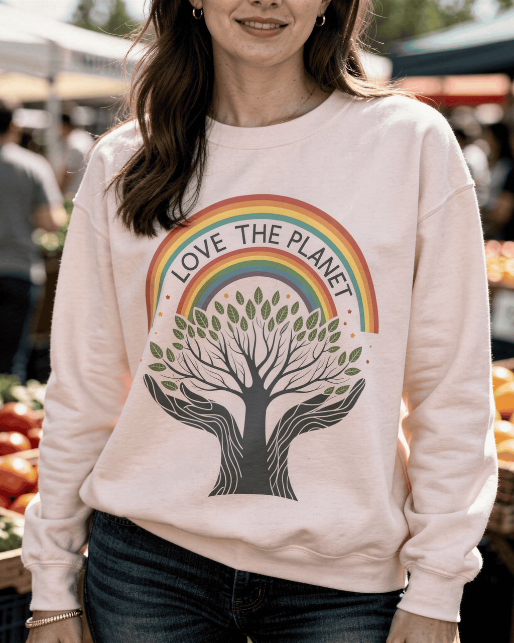 Close-up detail on the "Love The Planet" graphic of the crewneck pullover, showing the colorful rainbow above the black Tree of Life held in two hands.