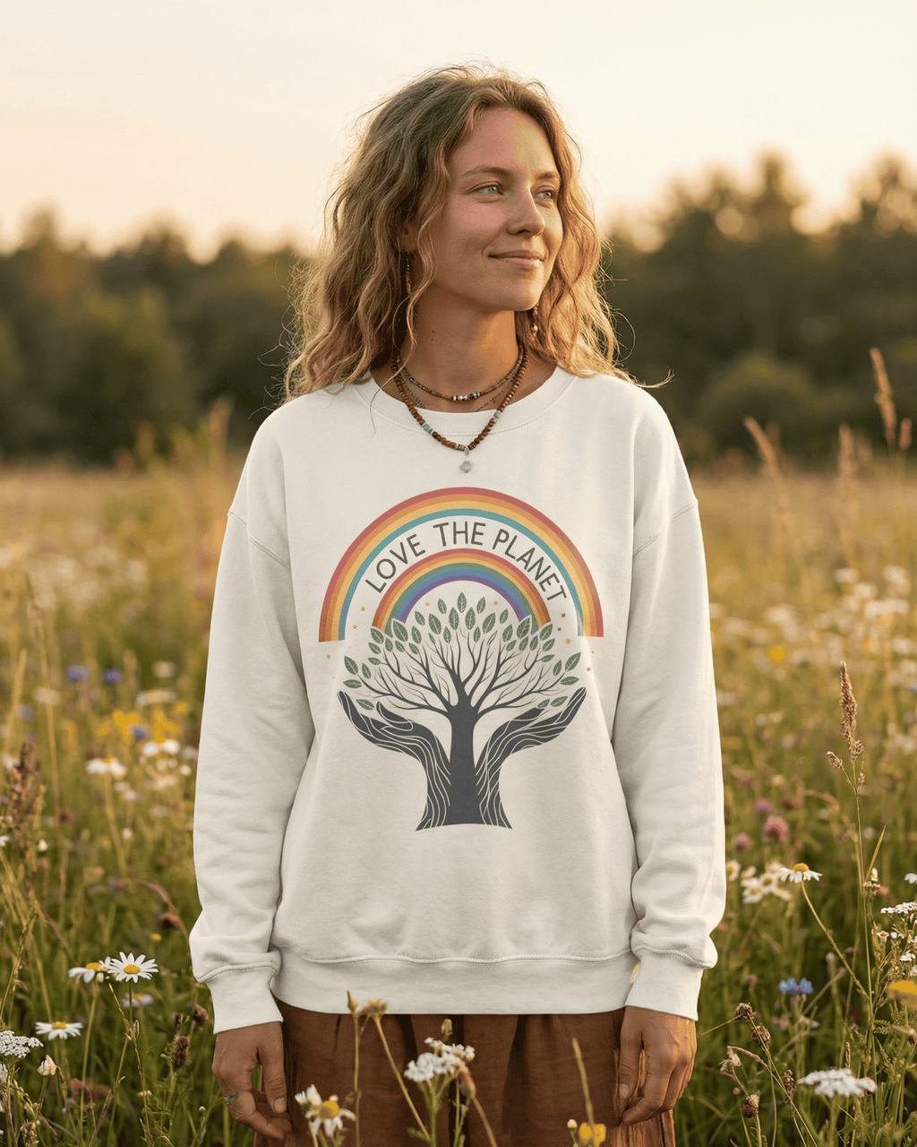 A woman in a sunlit wildflower field models the white Love The Planet Sweatshirt. The crewneck pullover features a vibrant rainbow arching over a detailed Tree of Life graphic, perfectly capturing a nature-inspired aesthetic.