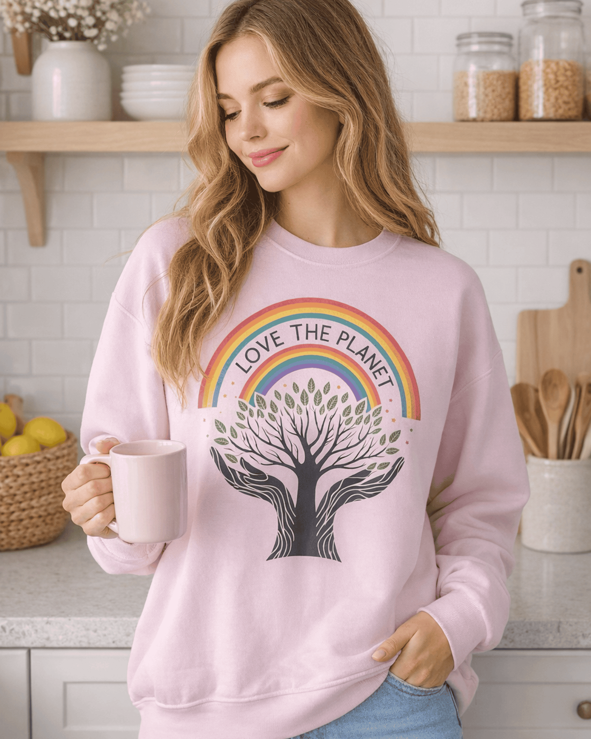 A woman smiles in a bright kitchen while wearing the light pink Love The Planet Sweatshirt, a cozy pullover featuring a vibrant rainbow and a Tree of Life graphic.