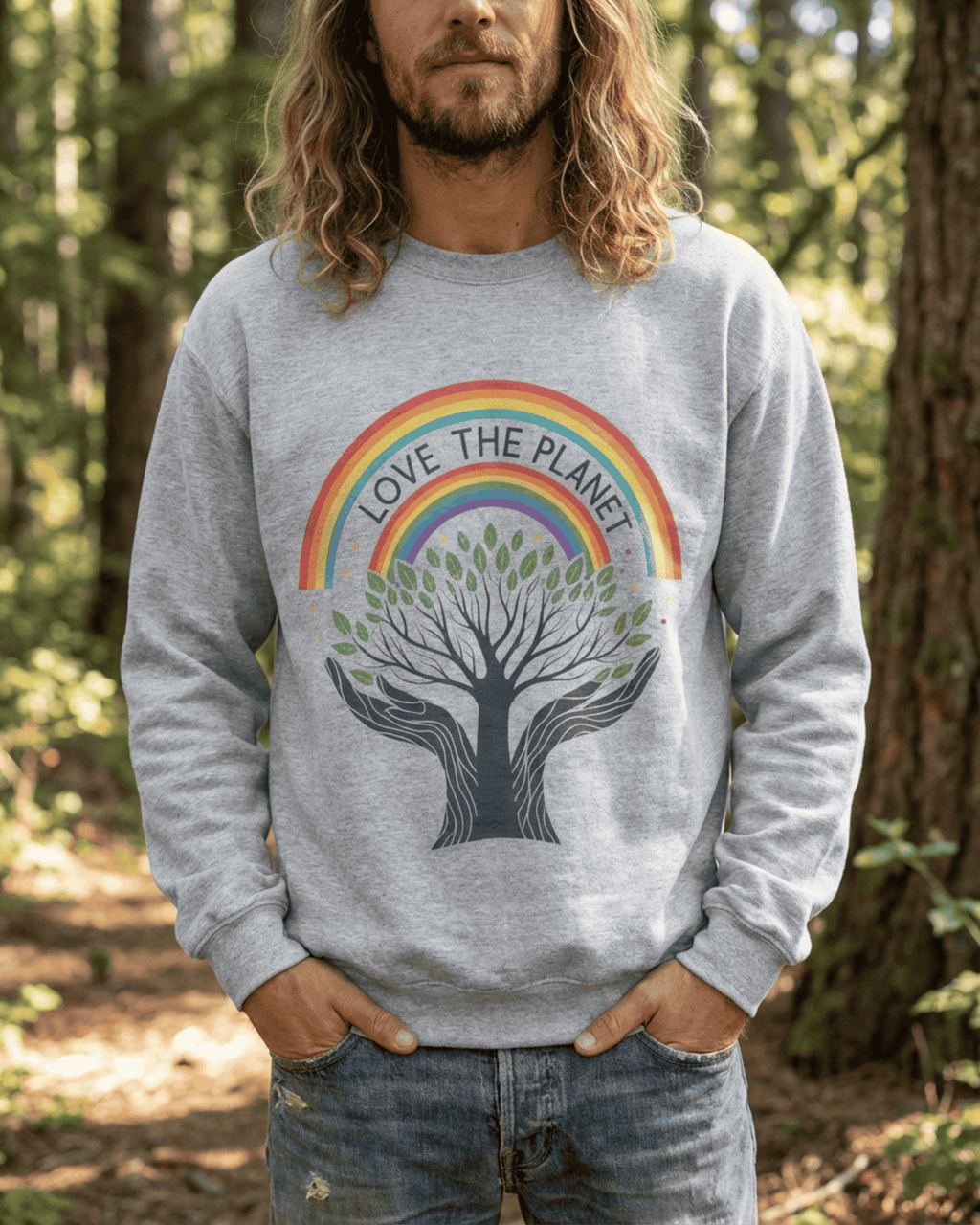 A man with long hair models the Sport Grey Love The Planet Sweatshirt while standing in a lush forest. The crewneck pullover features a vibrant rainbow arching over a detailed Rainbow Tree of Life graphic being held by two hands, perfectly capturing an earth-friendly vibe.