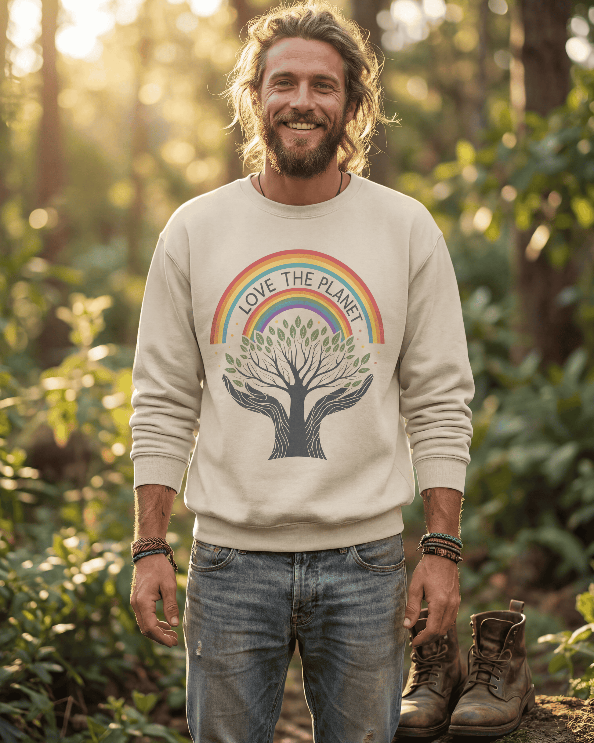A happy man with long hair stands in a sunlit forest wearing the sand colored Love The Planet pullover crewneck, which features a vibrant rainbow and a detailed Tree of Life graphic.
